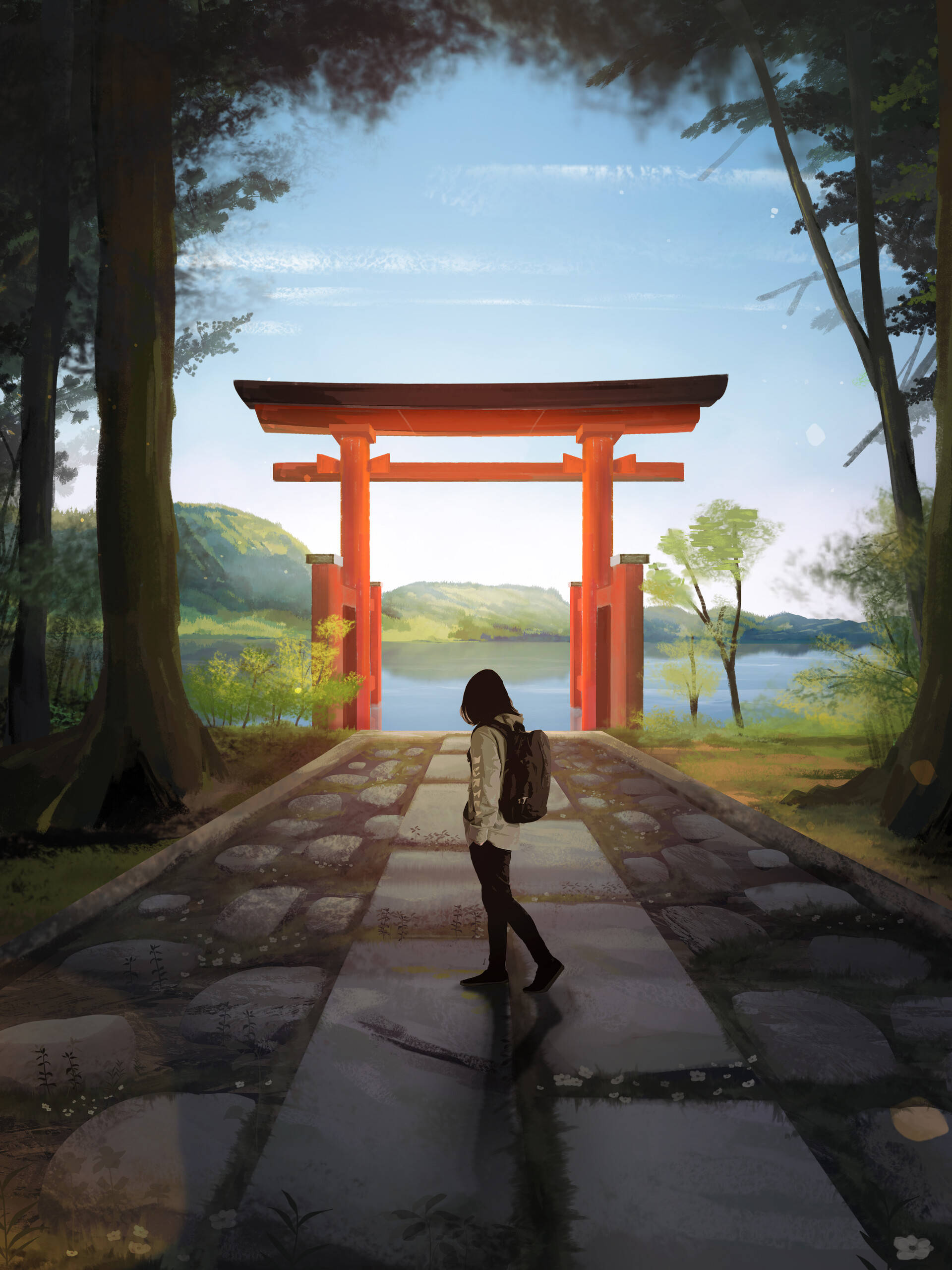 torii gate, vibrant red, ancient trees, 2K Phone Wallpaper