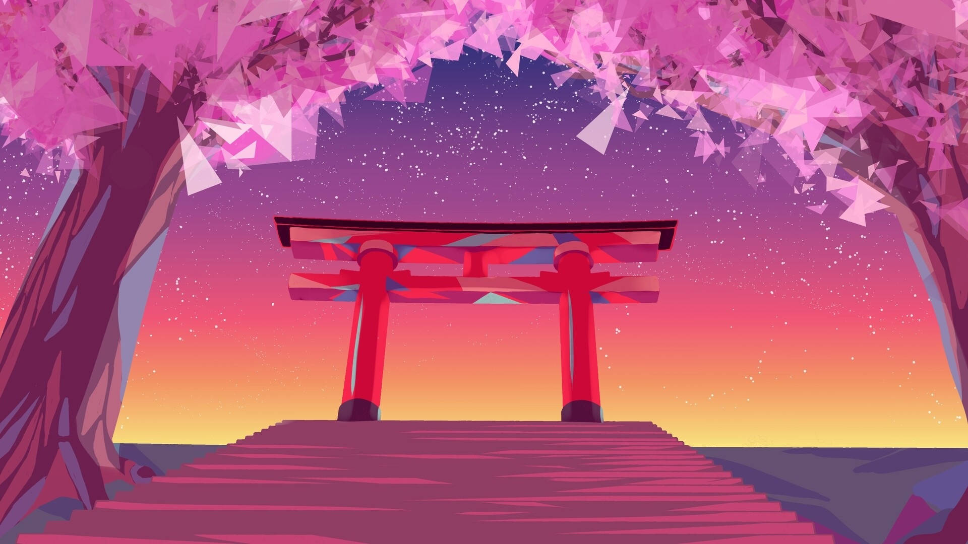 torii gate, polygon art, pink cherry blossoms, Full HD Desktop Wallpaper