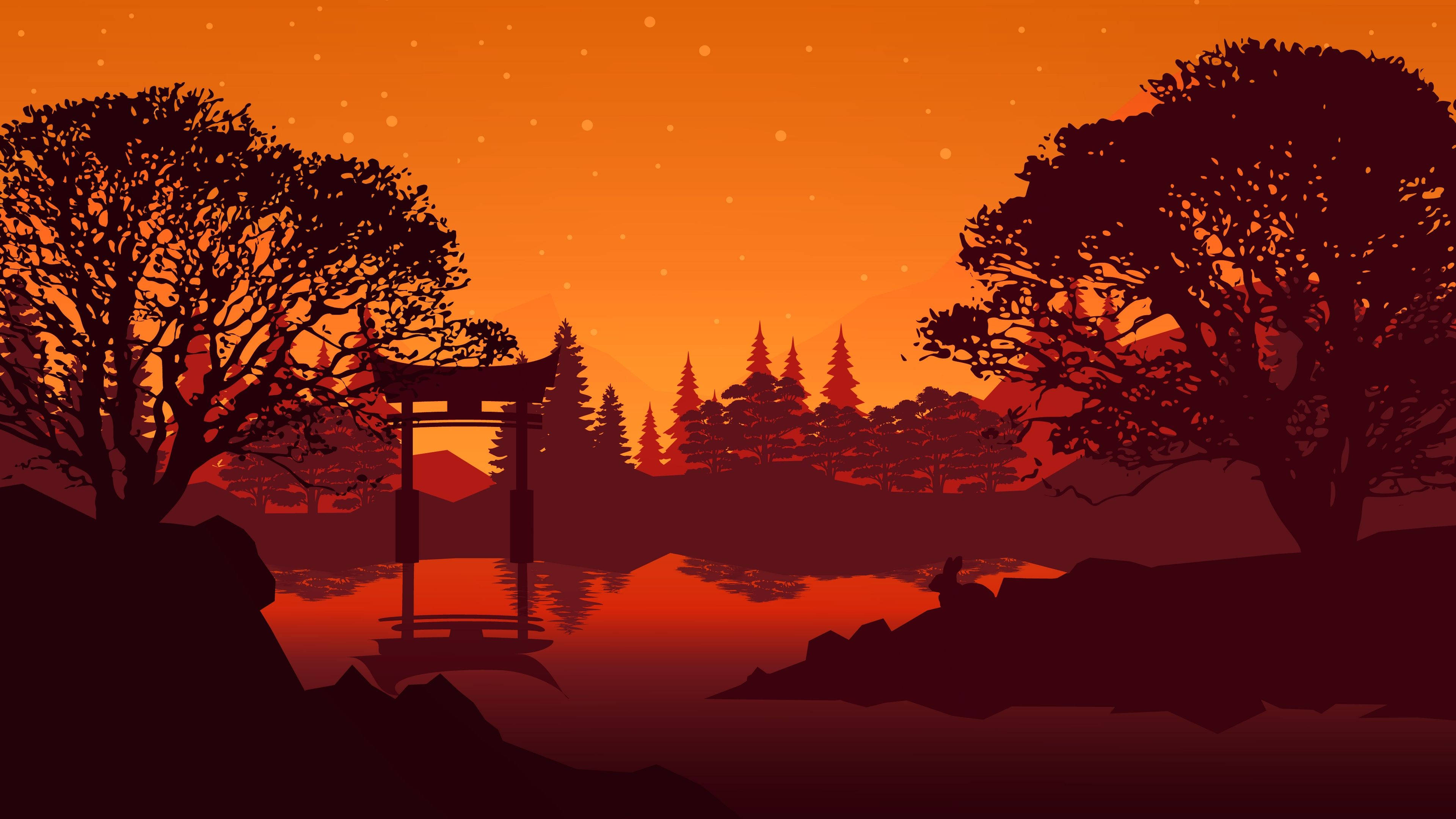 torii gate, sunset, tranquil waters, 4K Desktop Wallpaper