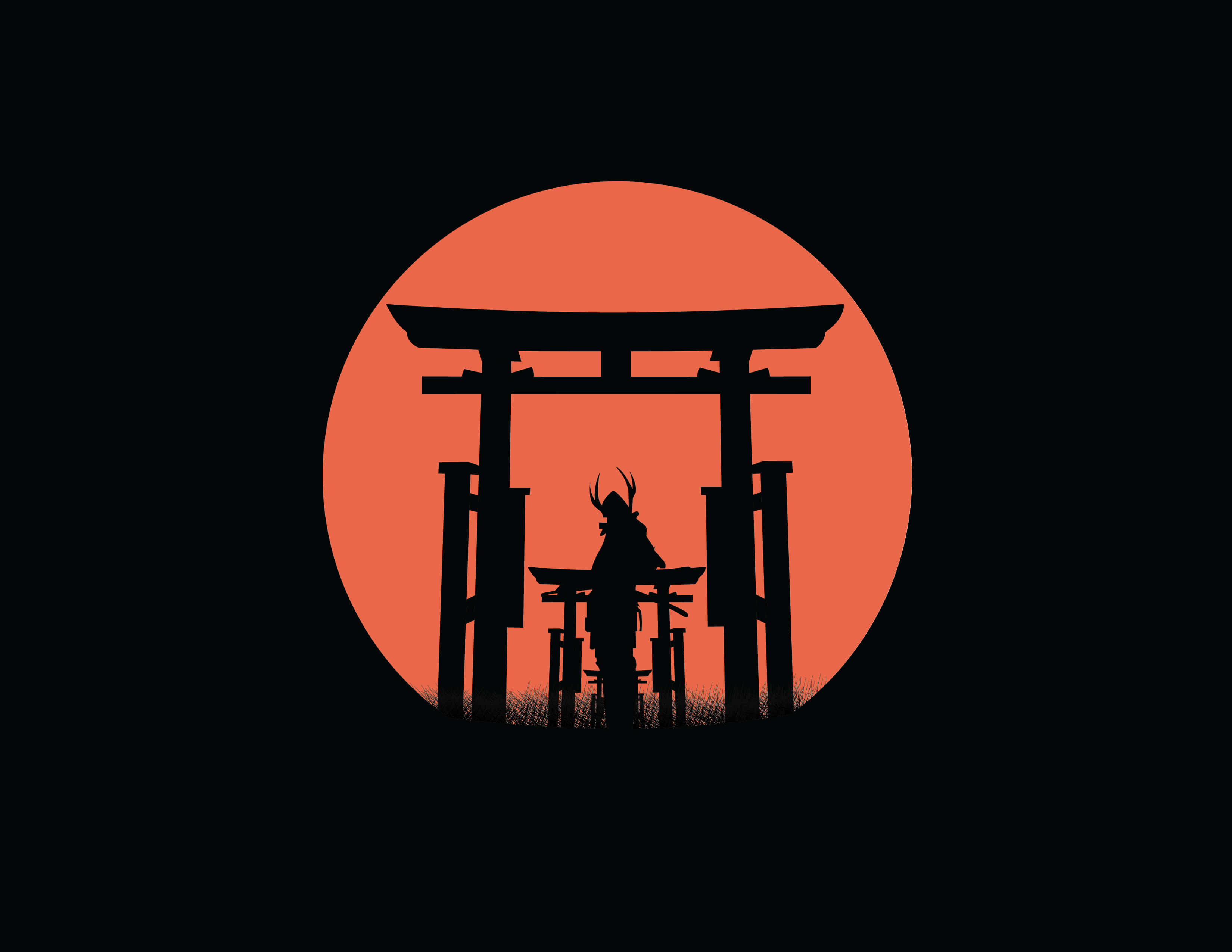samurai, torii gate, glowing orange sun, 2K Desktop Wallpaper