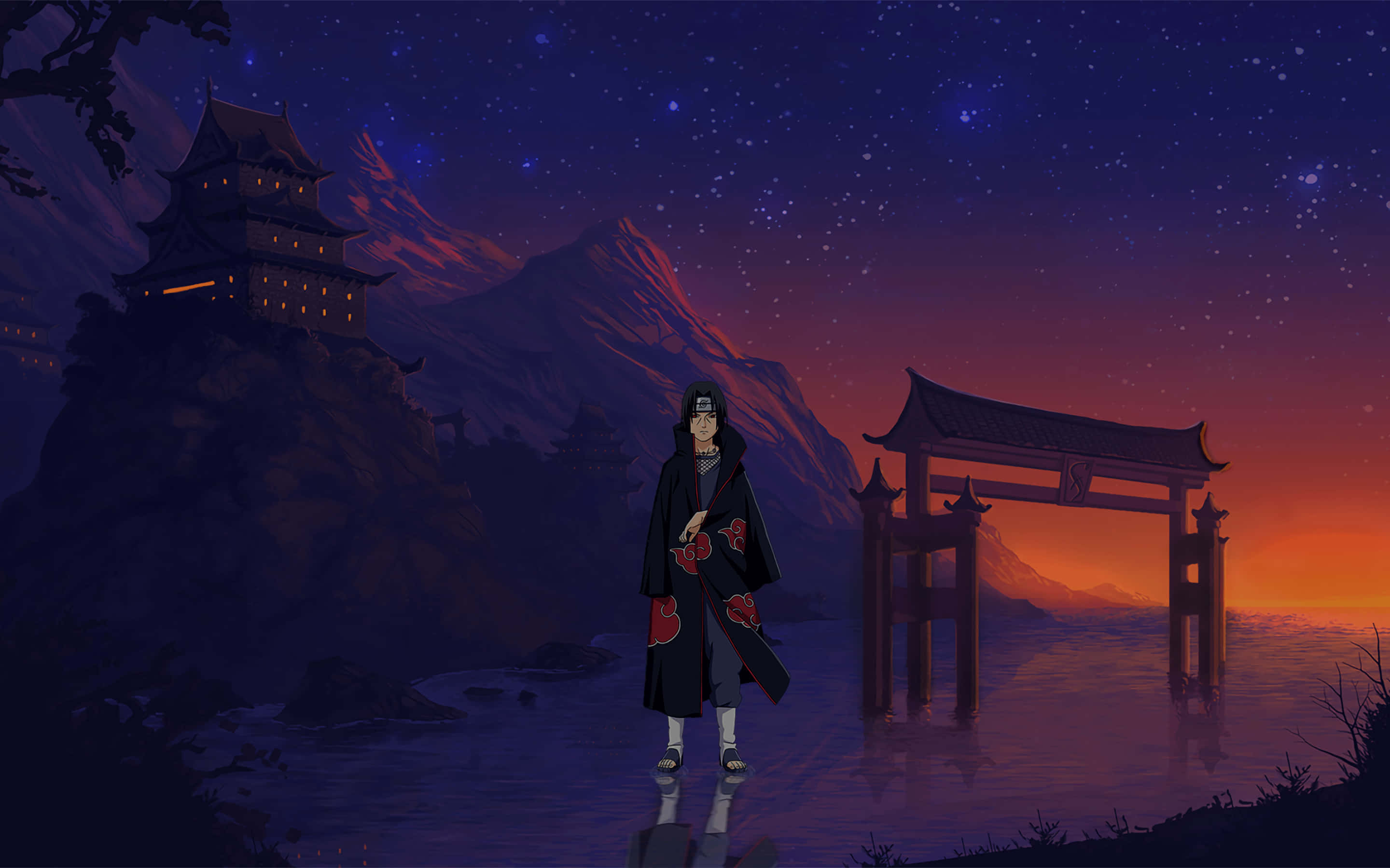 anime character, black cloak, glowing torii gate, 2K Desktop Wallpaper