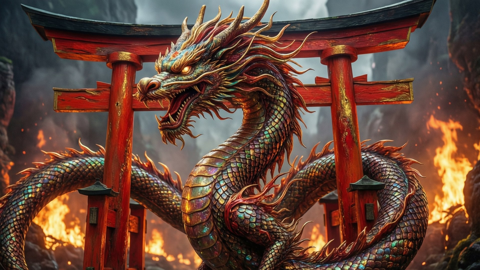 dragon, iridescent, red torii gate, Full HD Desktop Wallpaper