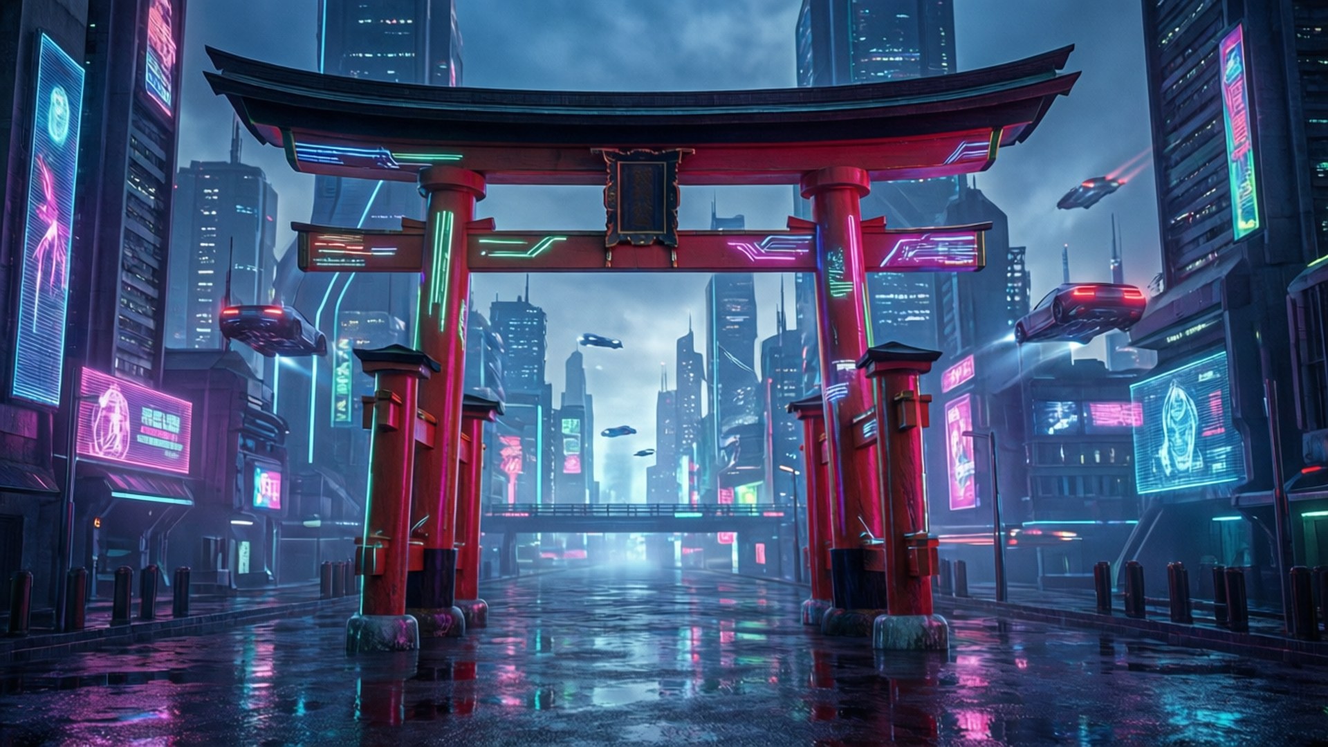 cyberpunk torii gate, glowing red torii gate, neon cyberpunk cityscape, Full HD Desktop Wallpaper