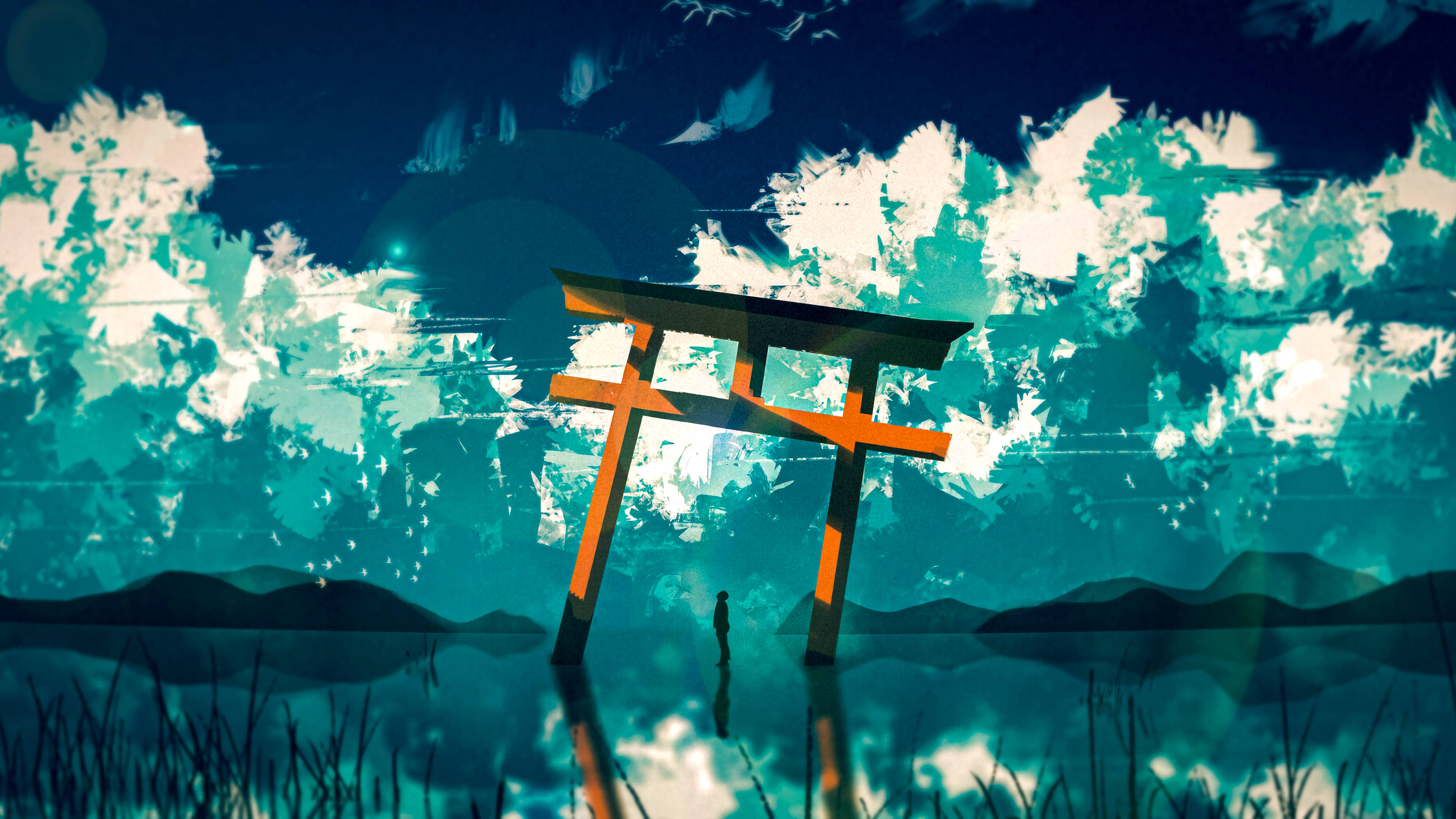 glowing orange torii gate, floating over water, glitchy teal and blue sky, 4K Desktop Wallpaper