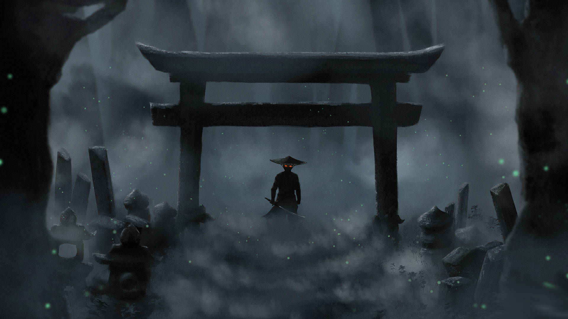 gloomy torii gate, samurai, misty torii gate, Full HD Desktop Wallpaper