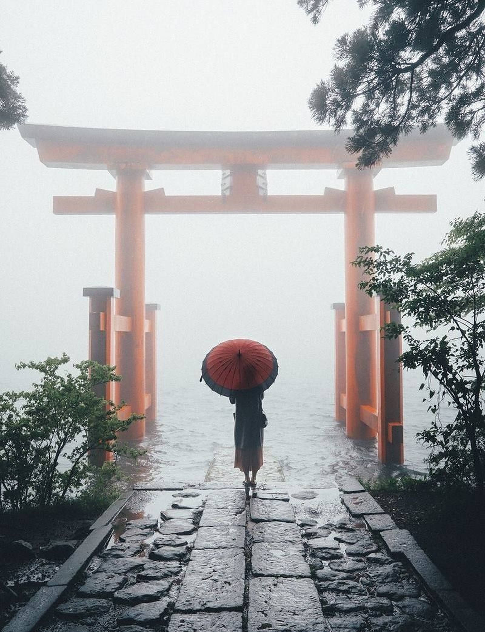 foggy red torii gate, red umbrella, misty orange torii gate, Full HD Phone Wallpaper
