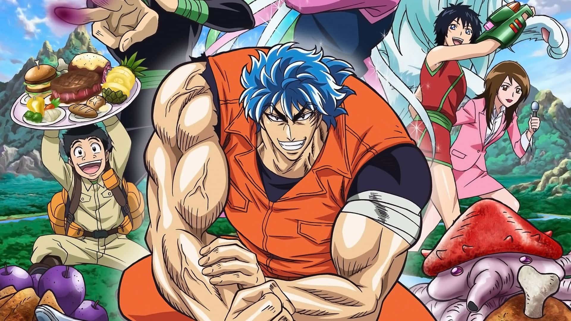 Toriko, blue-haired anime hero, orange shirt, Full HD Desktop Wallpaper