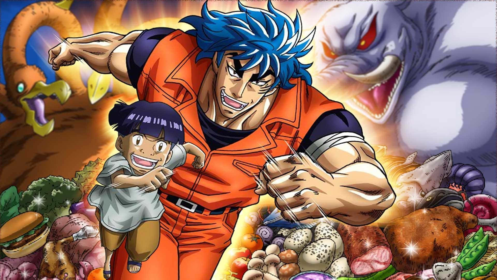 Toriko, blue-haired anime hero, orange armor, Full HD Desktop Wallpaper