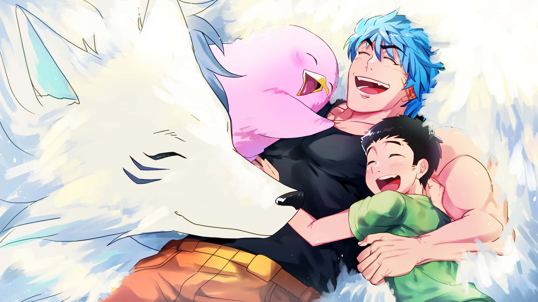 Toriko, white wolf, pink bird, HD Desktop Wallpaper