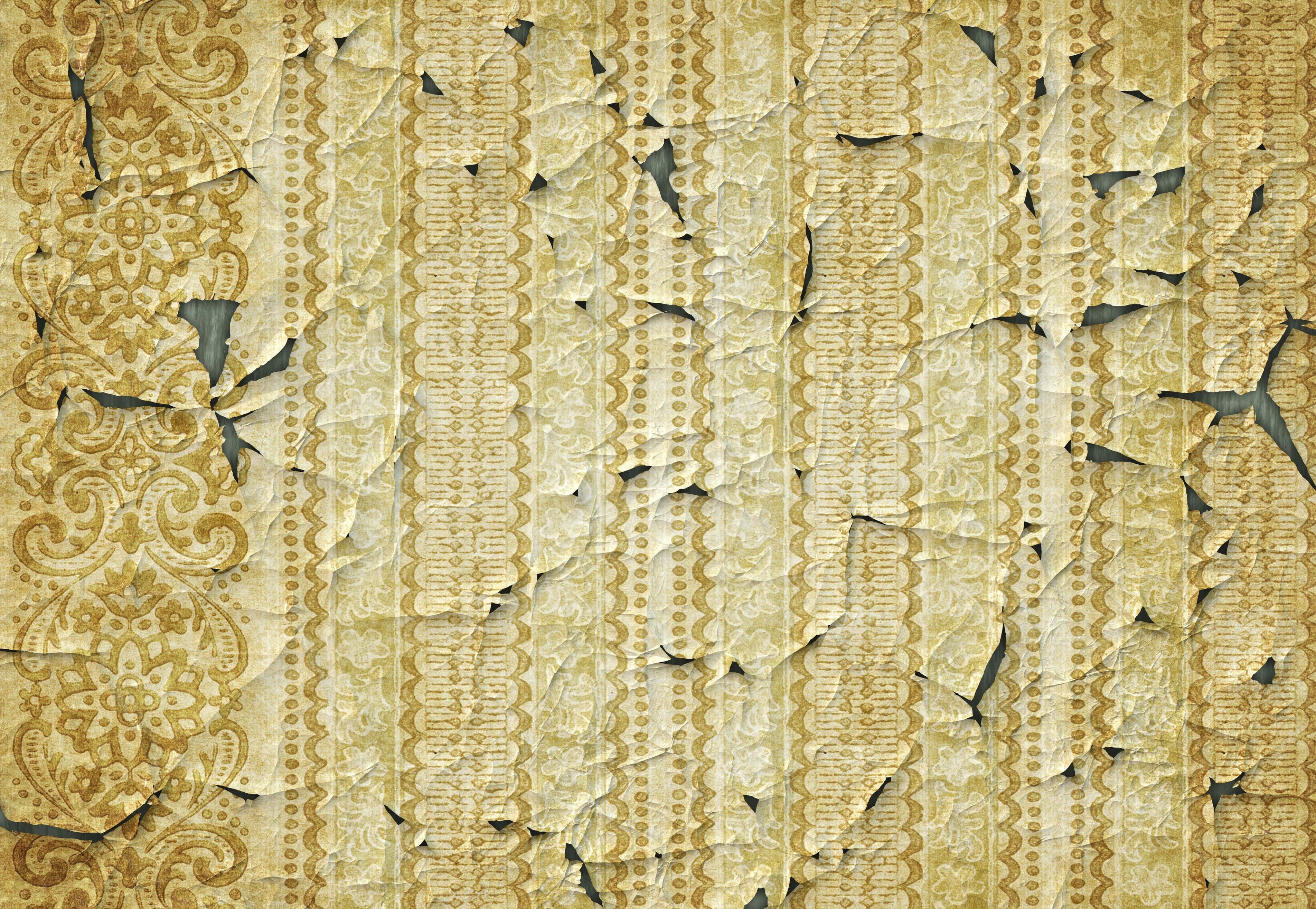 cracked wall, torn paper, aged ornate wallpaper, 2K Desktop Wallpaper