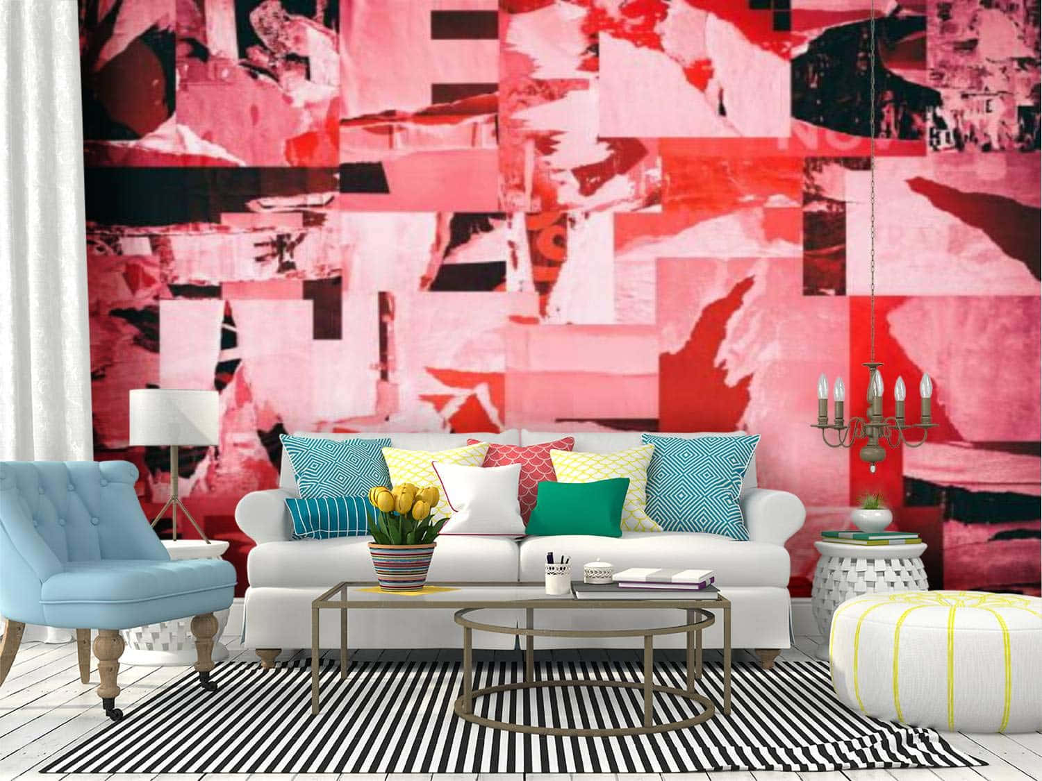 torn paper wall design, bold pink abstract wallpaper, white sofa, HD Desktop Wallpaper