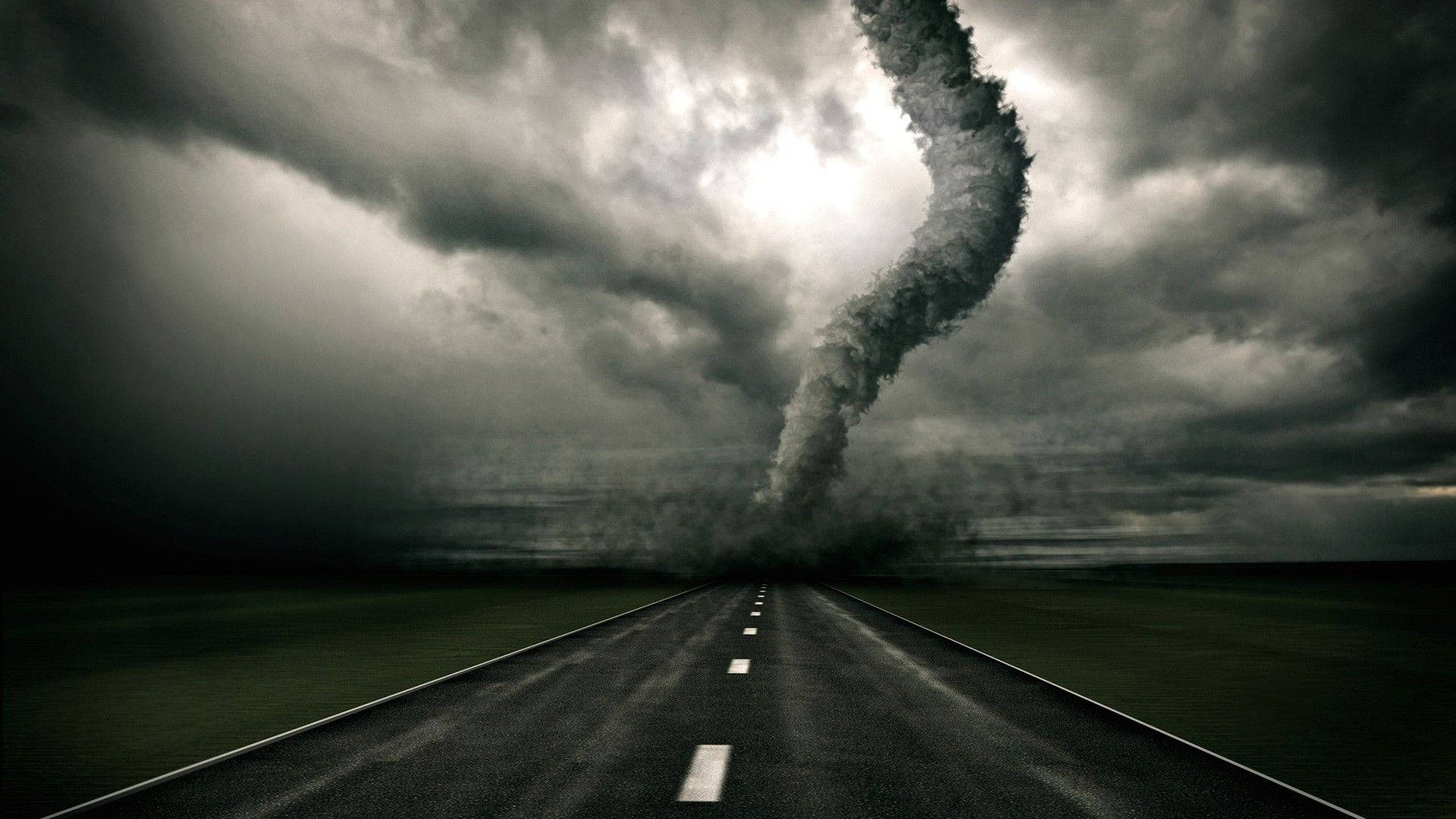 compact dark cone tornado, desolate highway, stormy gray sky, Full HD Desktop Wallpaper
