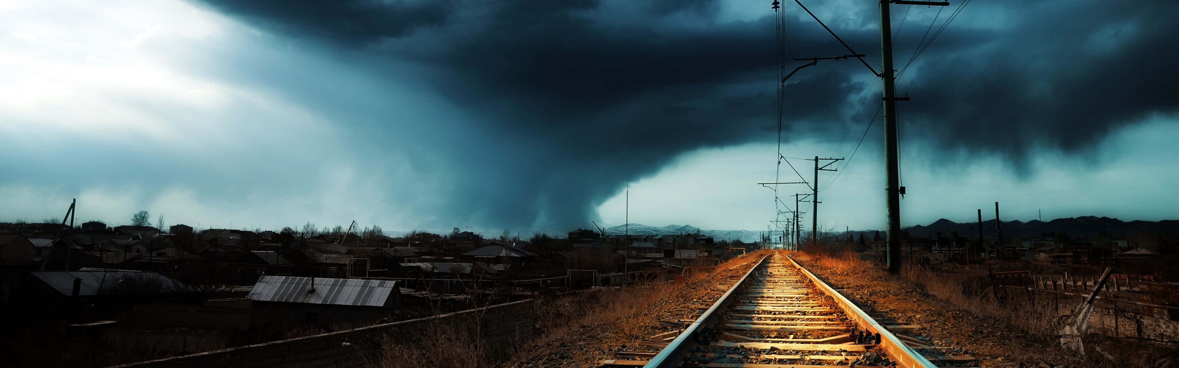 Railway Panoramic Desktop, tornado, stormy twilight sky, 4K Desktop Wallpaper