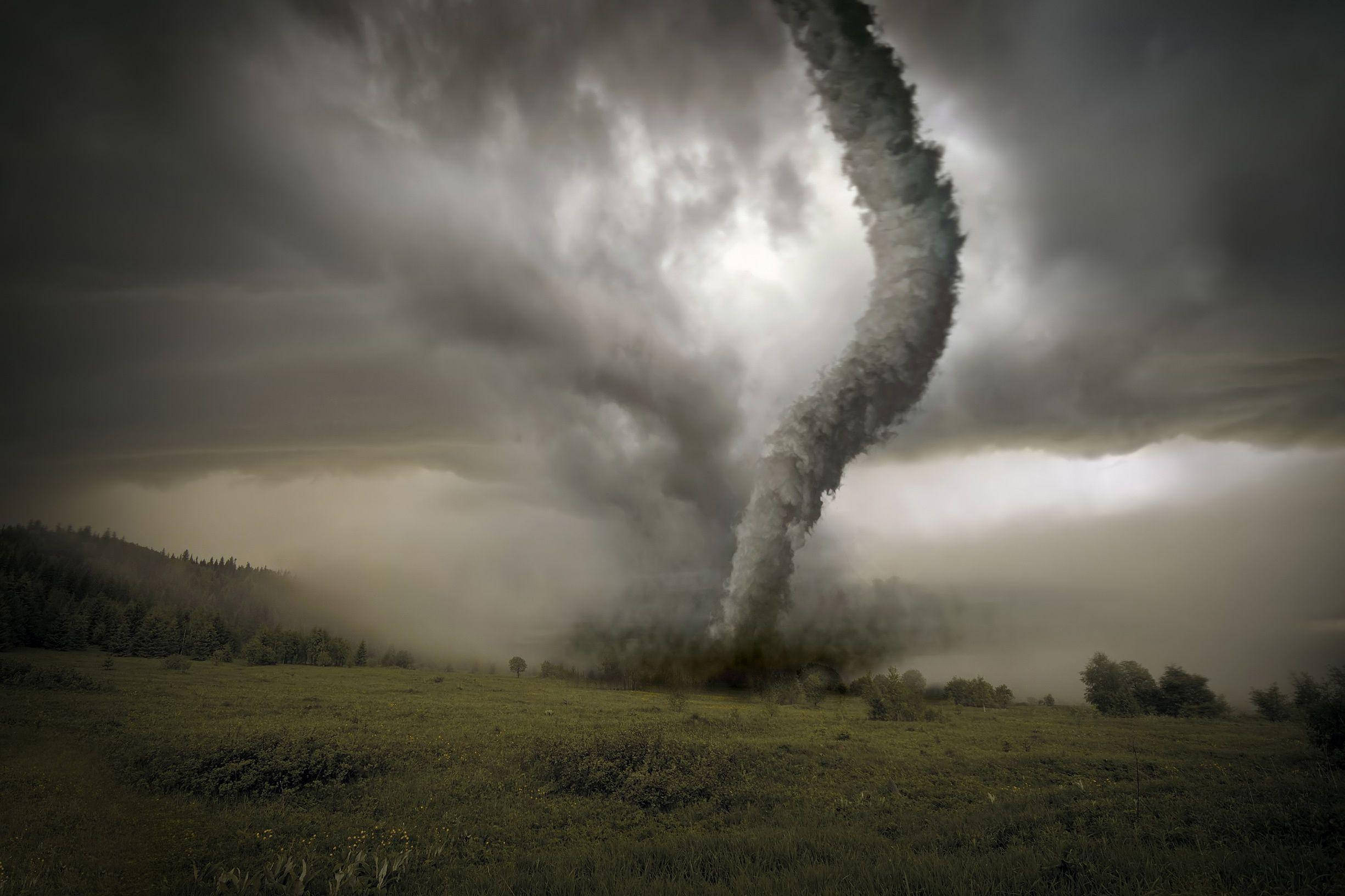 Tornado, stormy sky, grassy field, Full HD Desktop Wallpaper