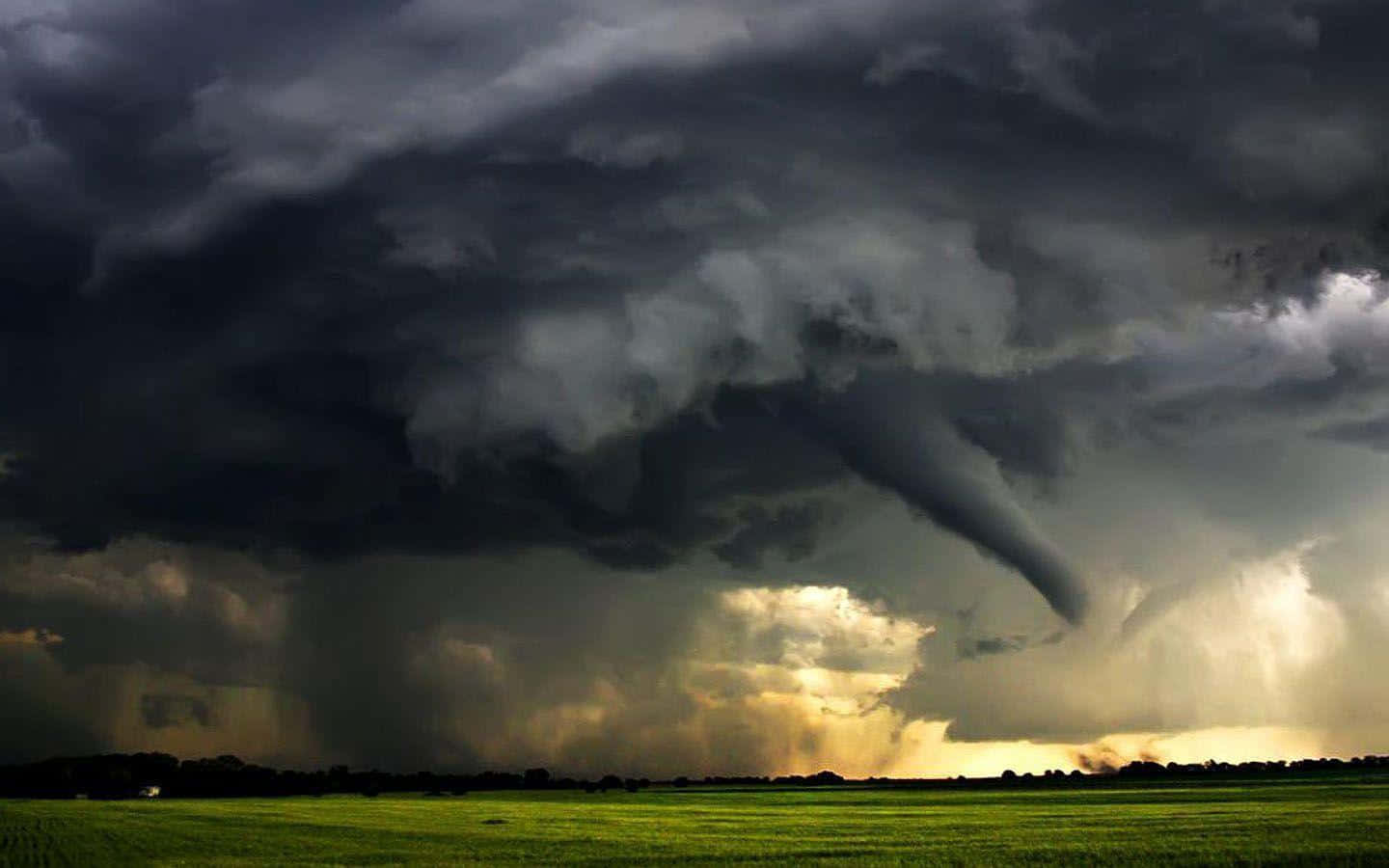 tornado, storm clouds, green field, HD Desktop Wallpaper