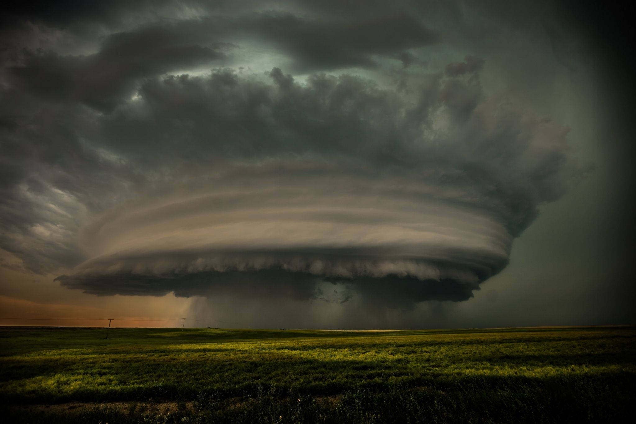 mushroom cloud tornado, shelf cloud, green prairie, Full HD Desktop Wallpaper