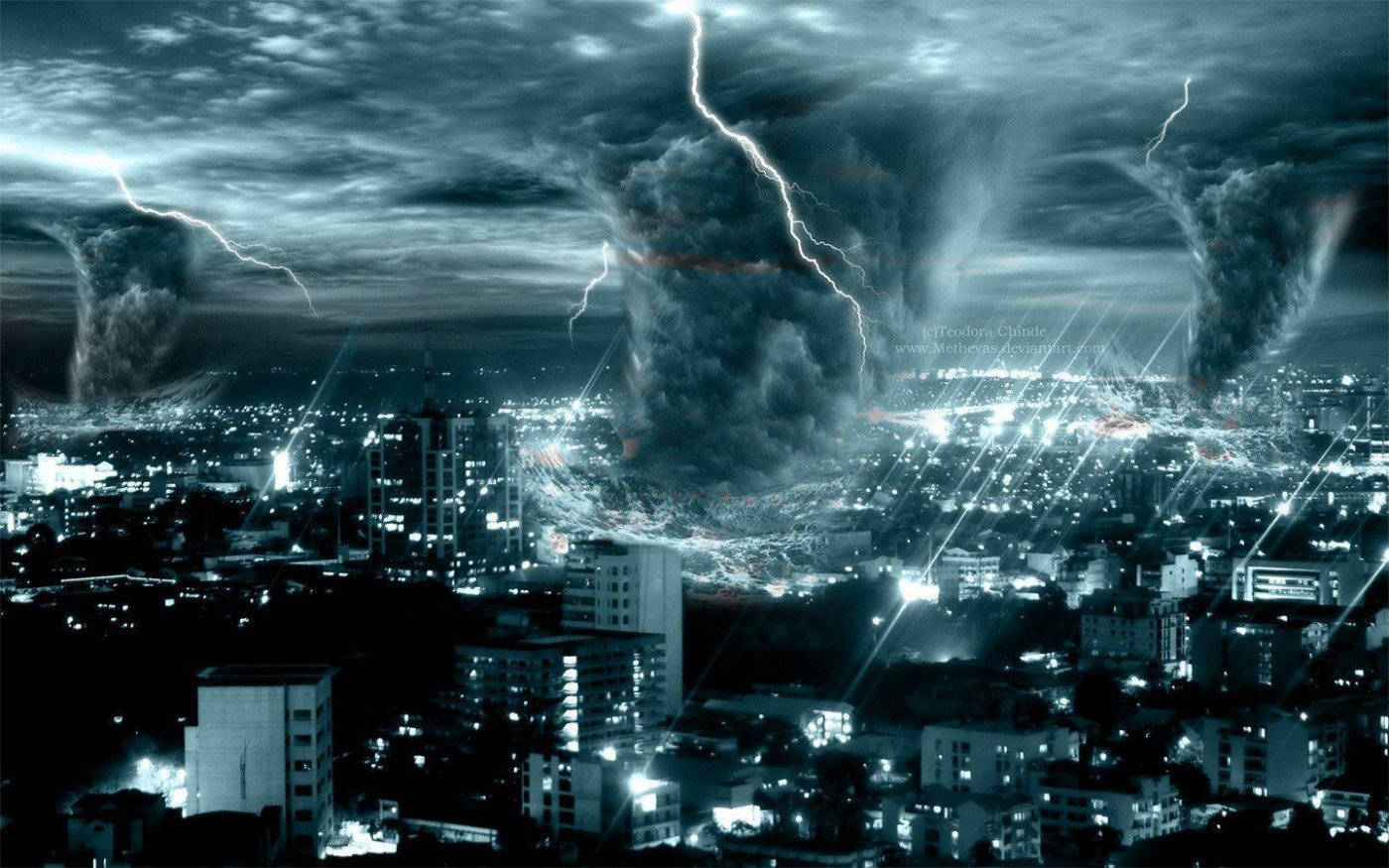Thunderstorm Tornado Storm, stormy cityscape, night, HD Desktop Wallpaper