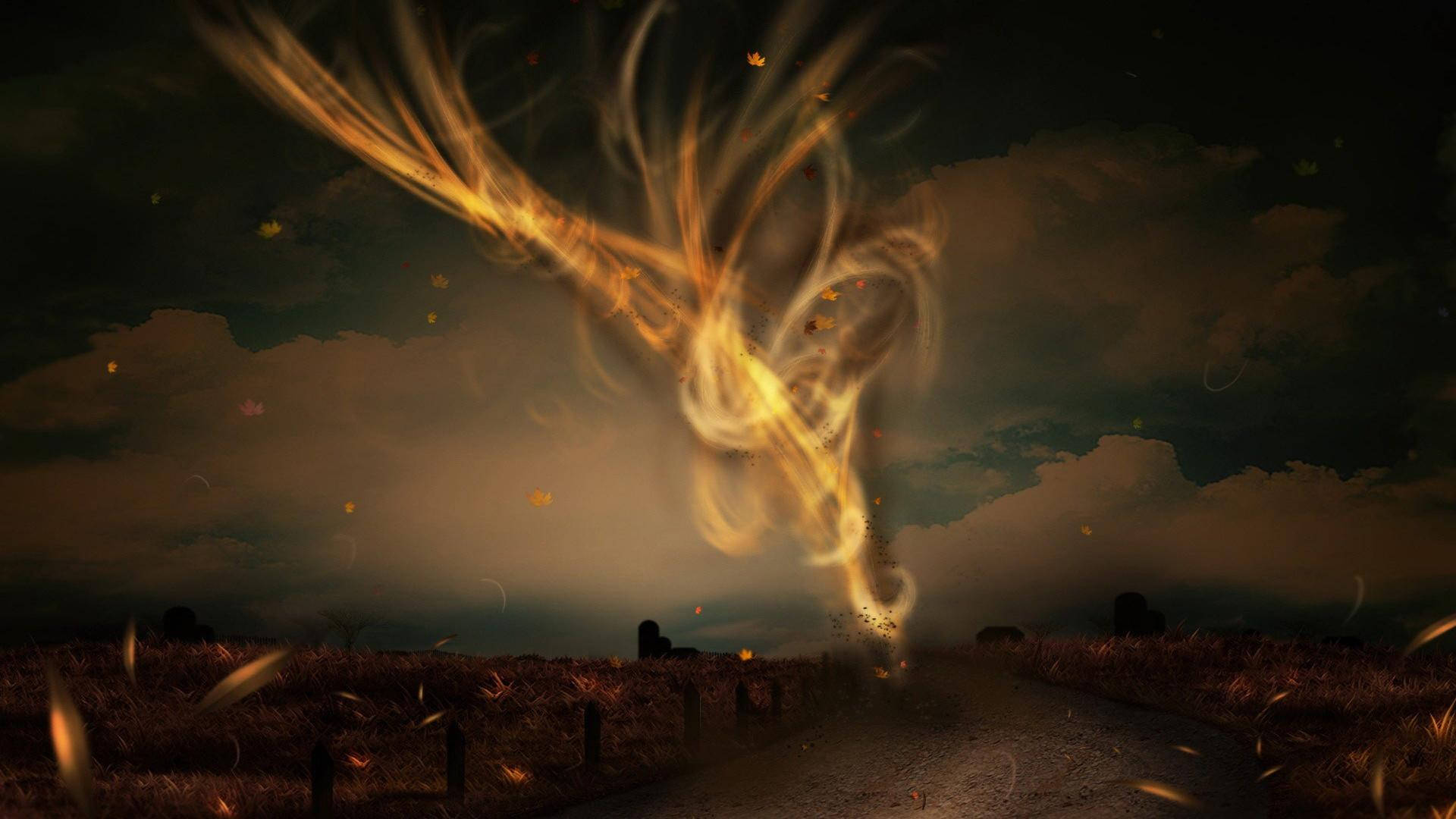 autumn leaves tornado, glowing golden phoenix, dark graveyard path, Full HD Desktop Wallpaper
