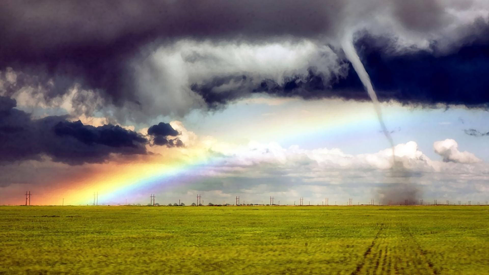 tornado, rainbow, vibrant green field, Full HD Desktop Wallpaper