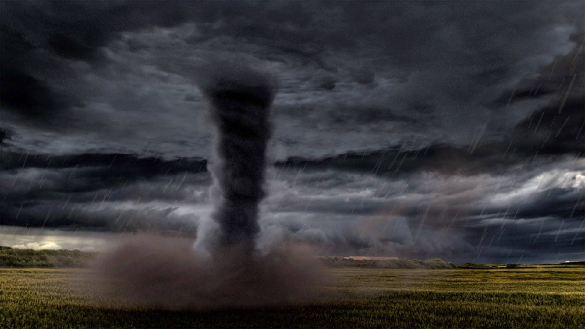 long narrow tornado cyclone, stormy field, dark clouds, Full HD Desktop Wallpaper