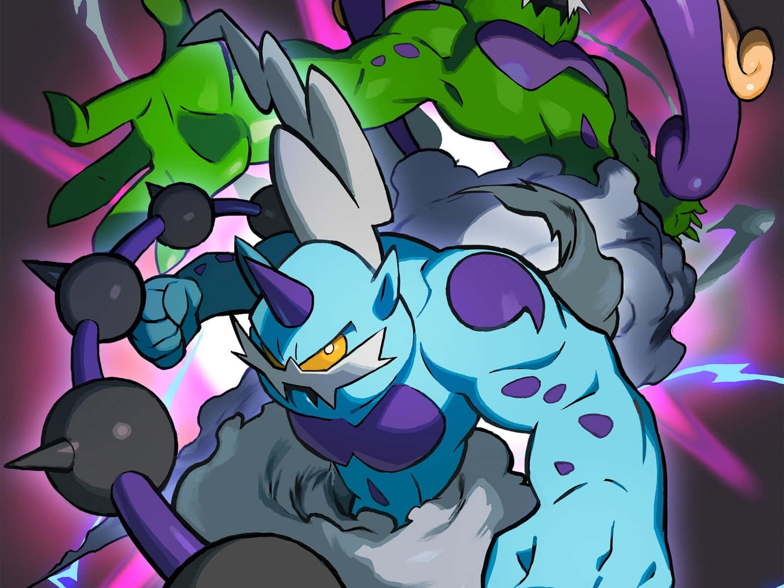 Tornadus, blue and purple anime monster, glowing yellow eyes, HD Desktop Wallpaper