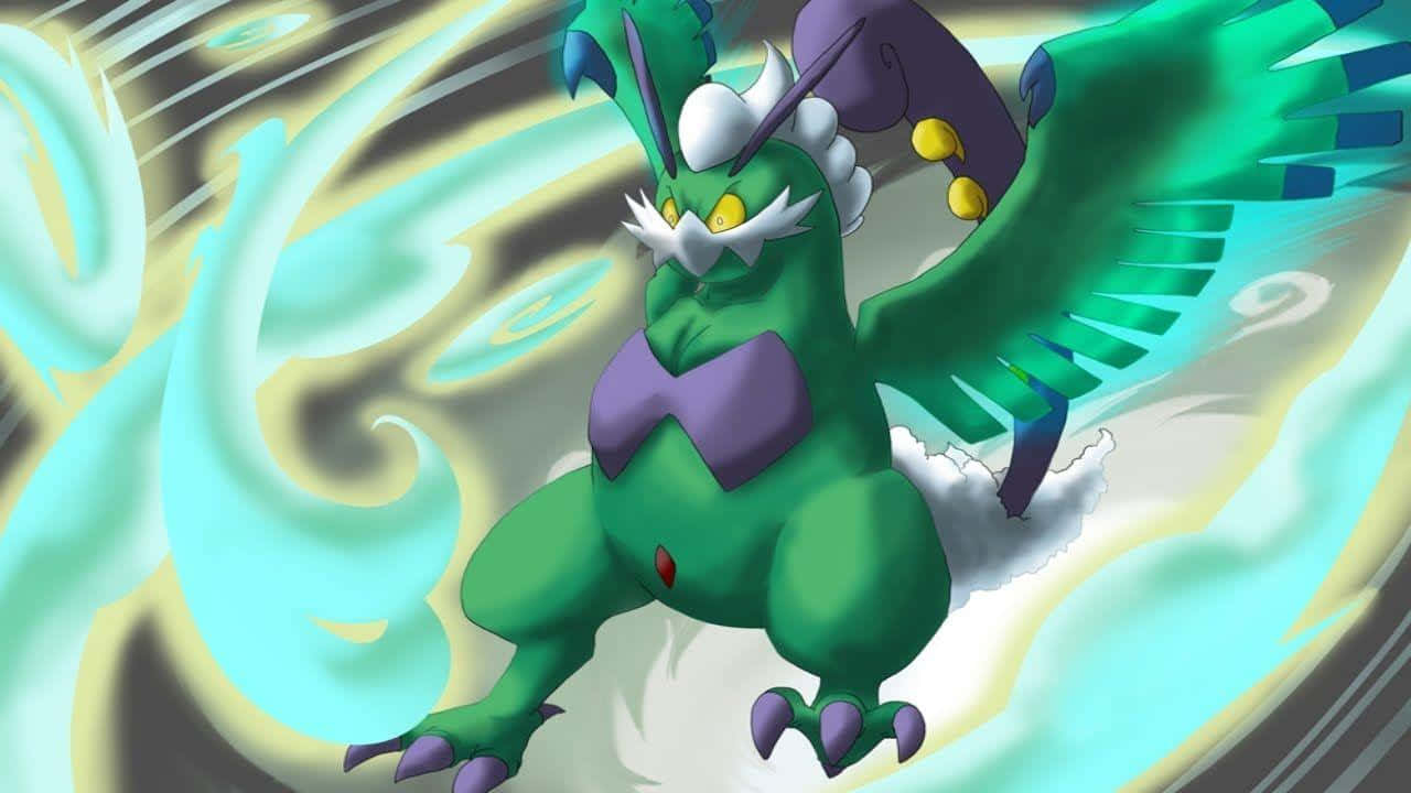 Tornadus, green dragon-like Pokémon, purple accents, HD Desktop Wallpaper