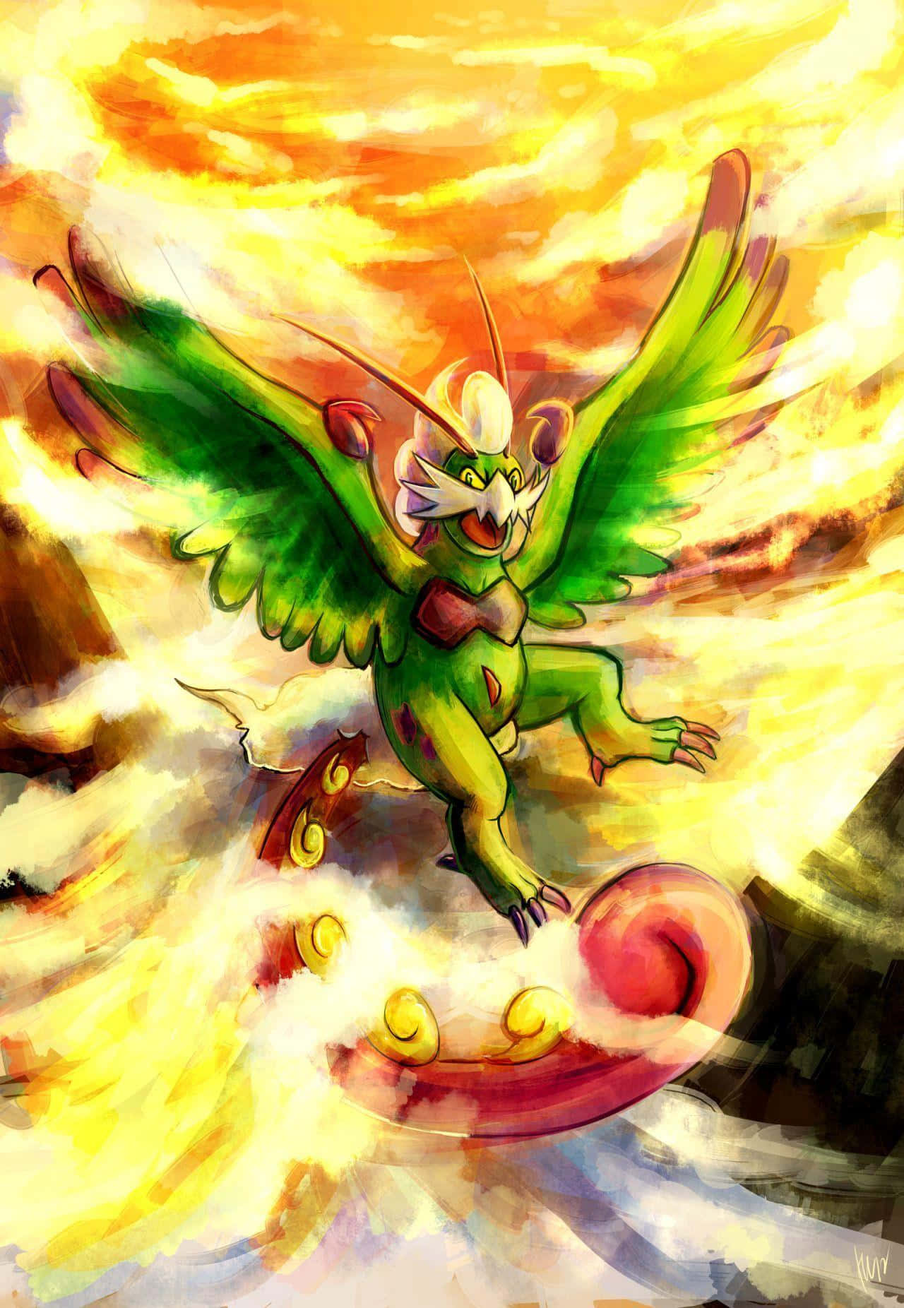 Tornadus, fiery sunset sky, vibrant green dragon-like creature, HD Phone Wallpaper