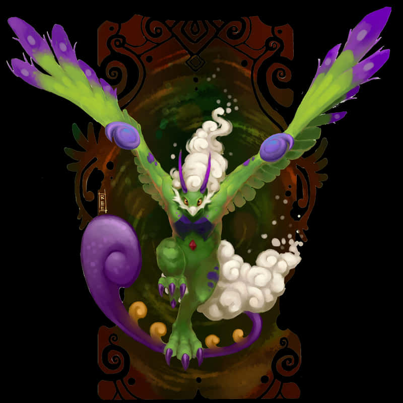 Tornadus, vibrant green dragon, purple wings, SD Desktop Wallpaper