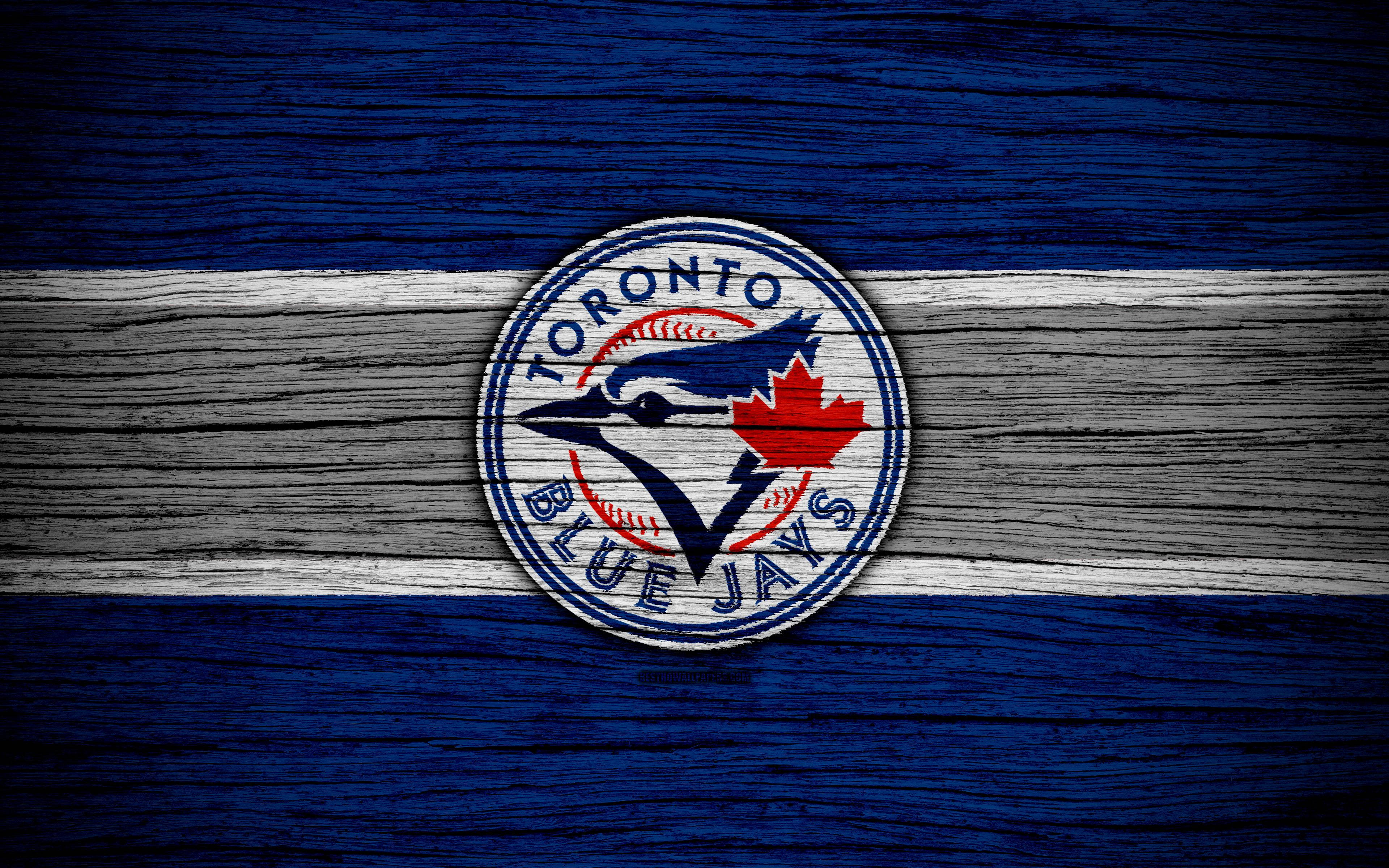 Toronto Blue Jays, painted wood logo, blue gray wooden plank, 4K Desktop Wallpaper