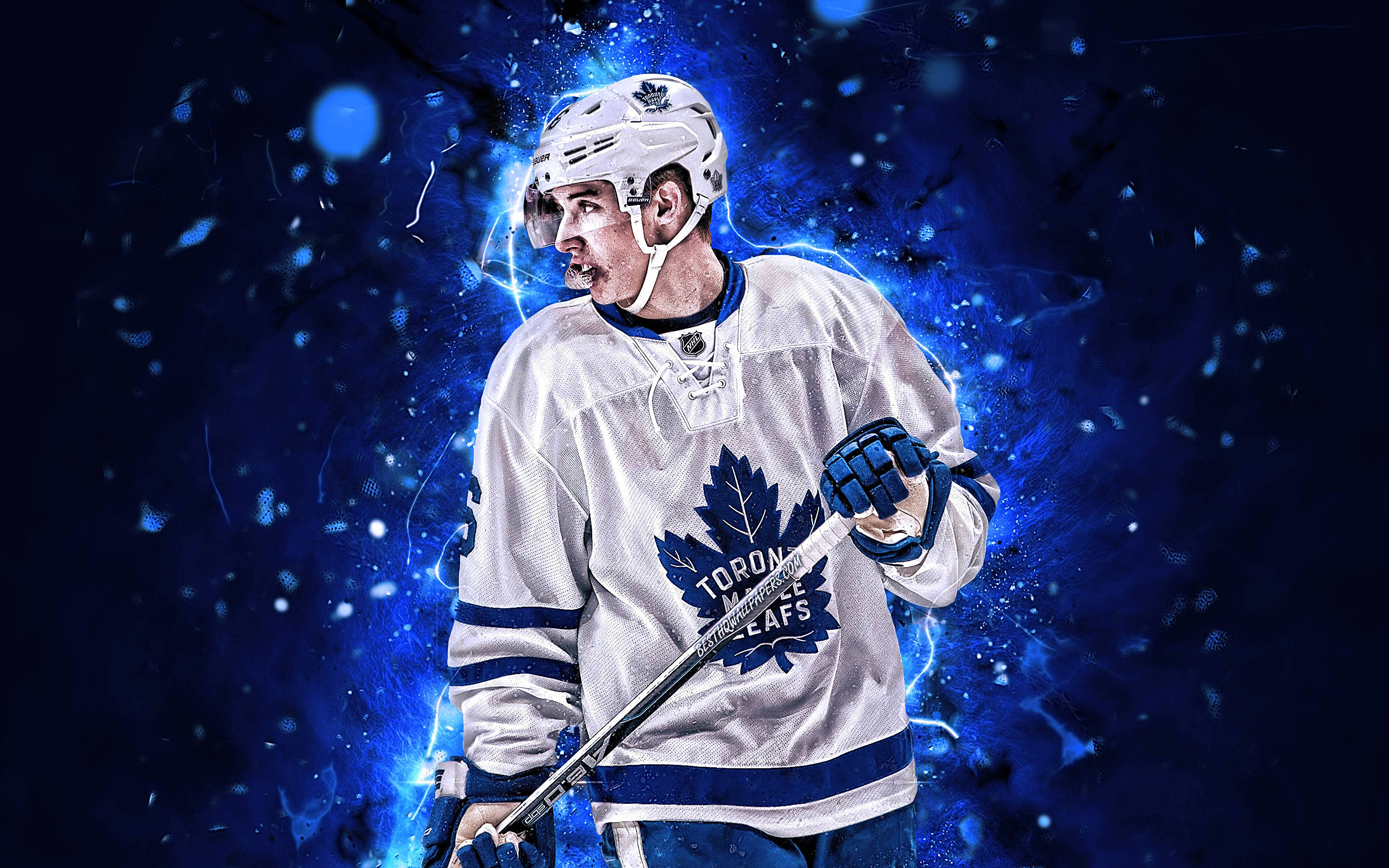 Toronto Maple Leafs, white jersey, vibrant blue electric energy burst, 2K Desktop Wallpaper