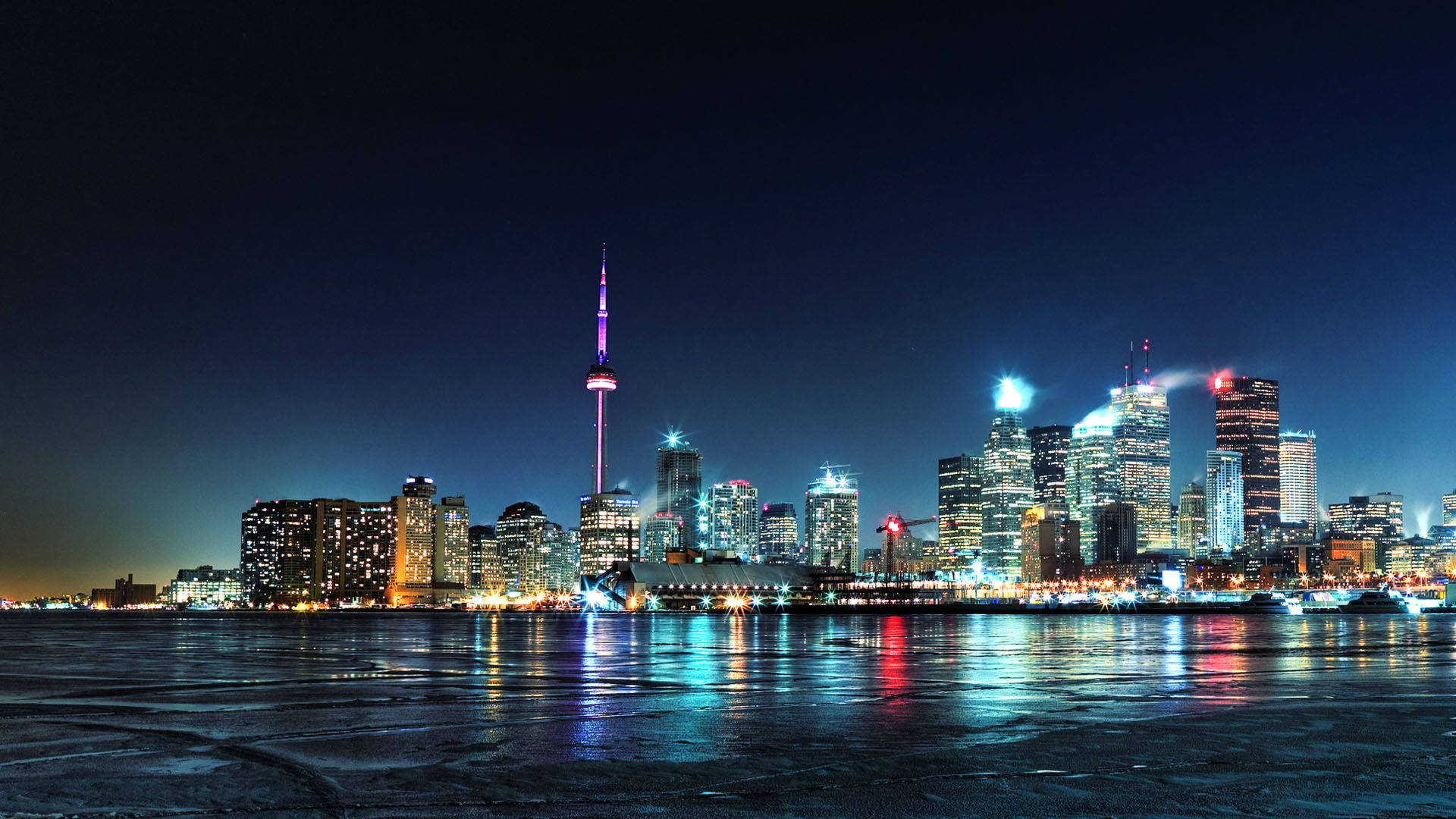 Toronto, illuminated skyline, frozen waterfront, Full HD Desktop Wallpaper