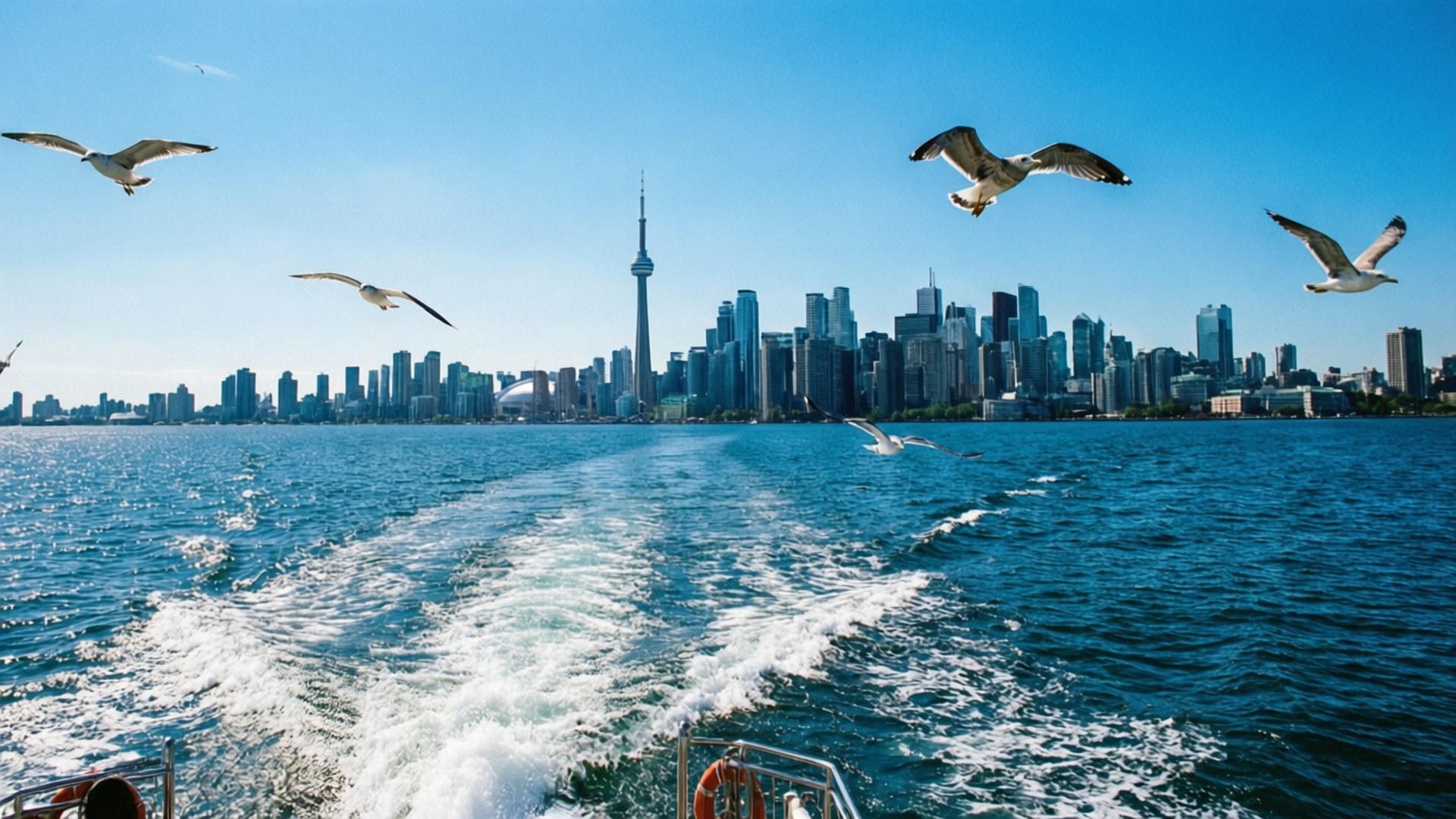 Toronto skyline, turquoise water, white wake, Full HD Desktop Wallpaper