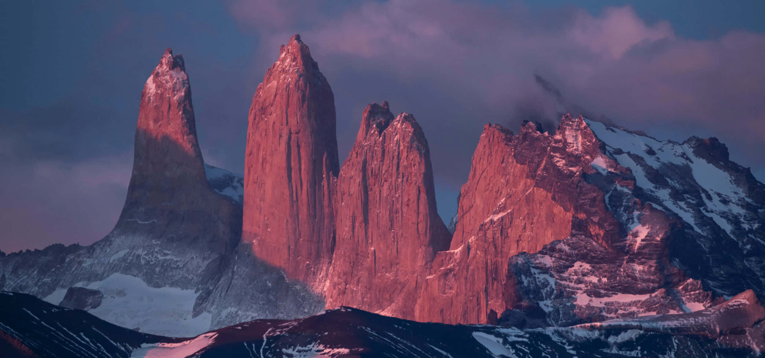 Torres del Paine, granite spires, pink light, Full HD Desktop Wallpaper