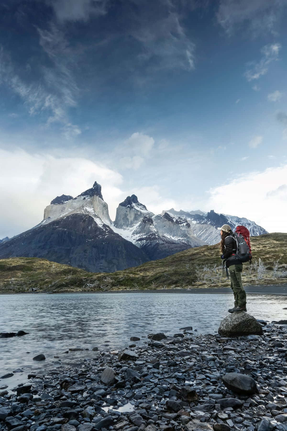 hiker, red backpack, rock, HD Phone Wallpaper