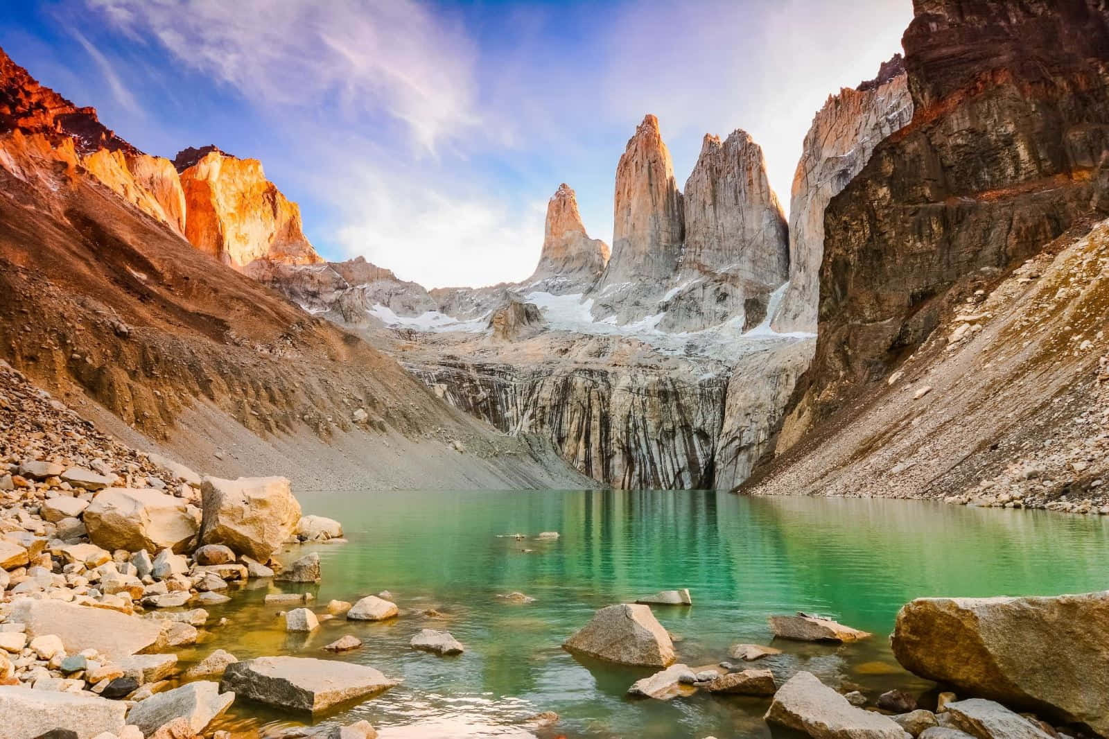 Torres Del Paine, sunrise glow, turquoise lake, HD Desktop Wallpaper