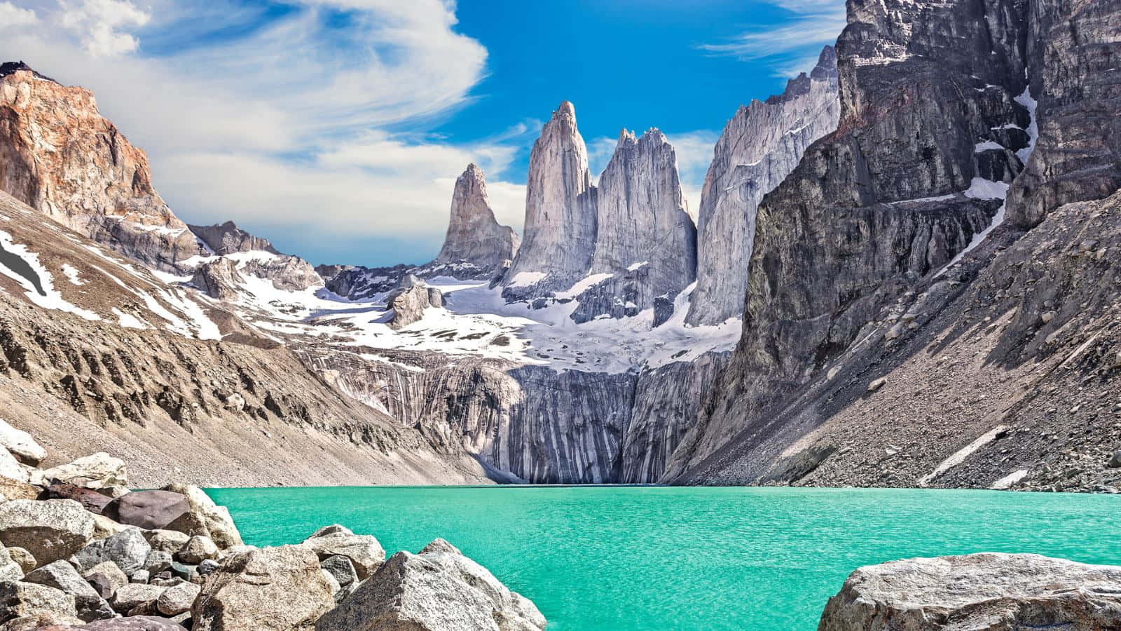 Torres Del Paine National Park, turquoise lake, towering granite peaks, HD Desktop Wallpaper
