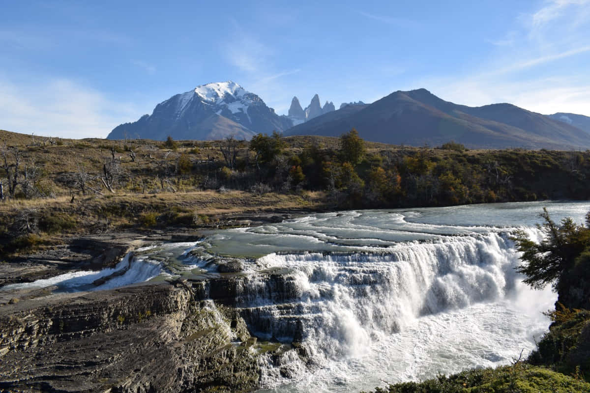 Torres Del Paine, cascading waterfall, rocky tiers, SD Desktop Wallpaper