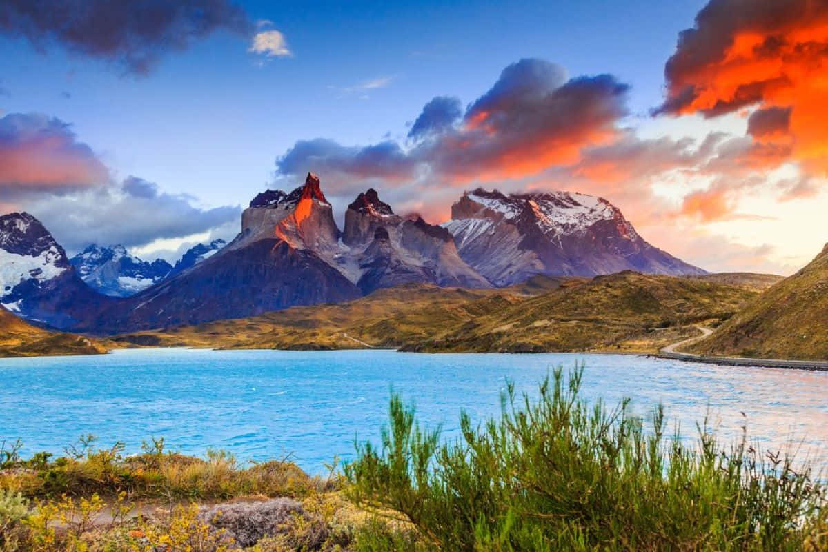 Torres Del Paine, sunset, fiery clouds, SD Desktop Wallpaper