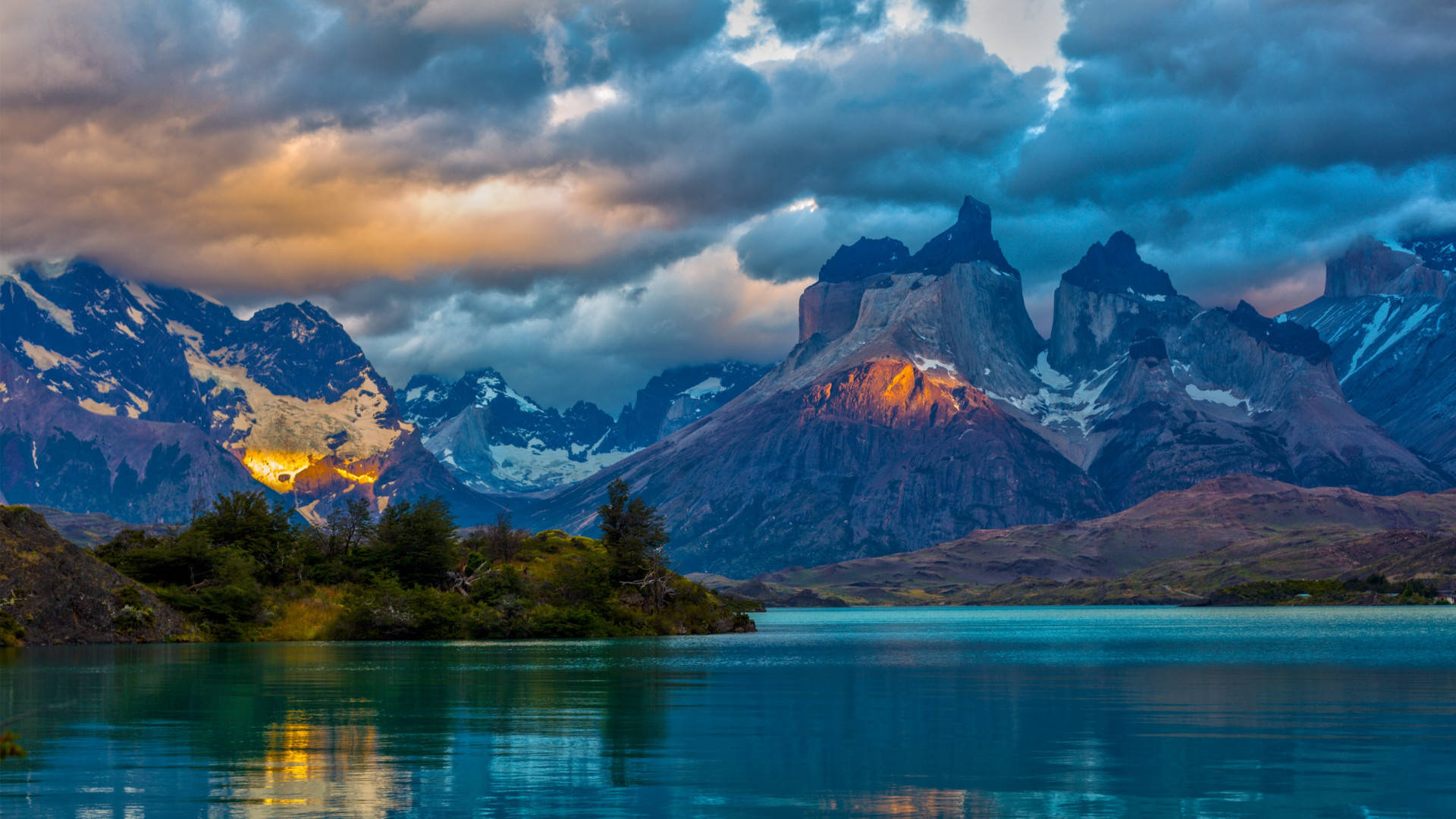Torres Del Paine National Park, snow-capped peaks, calm turquoise lake, Full HD Desktop Wallpaper