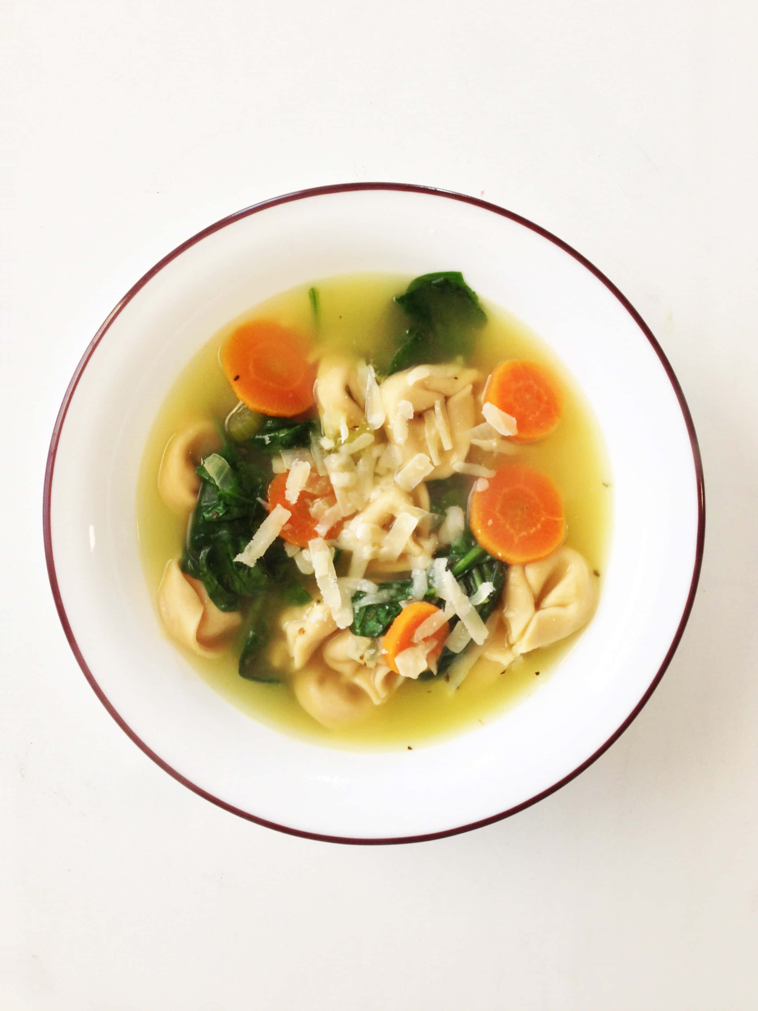 Tortellini In Brodo, white bowl, red rim, 2K Phone Wallpaper