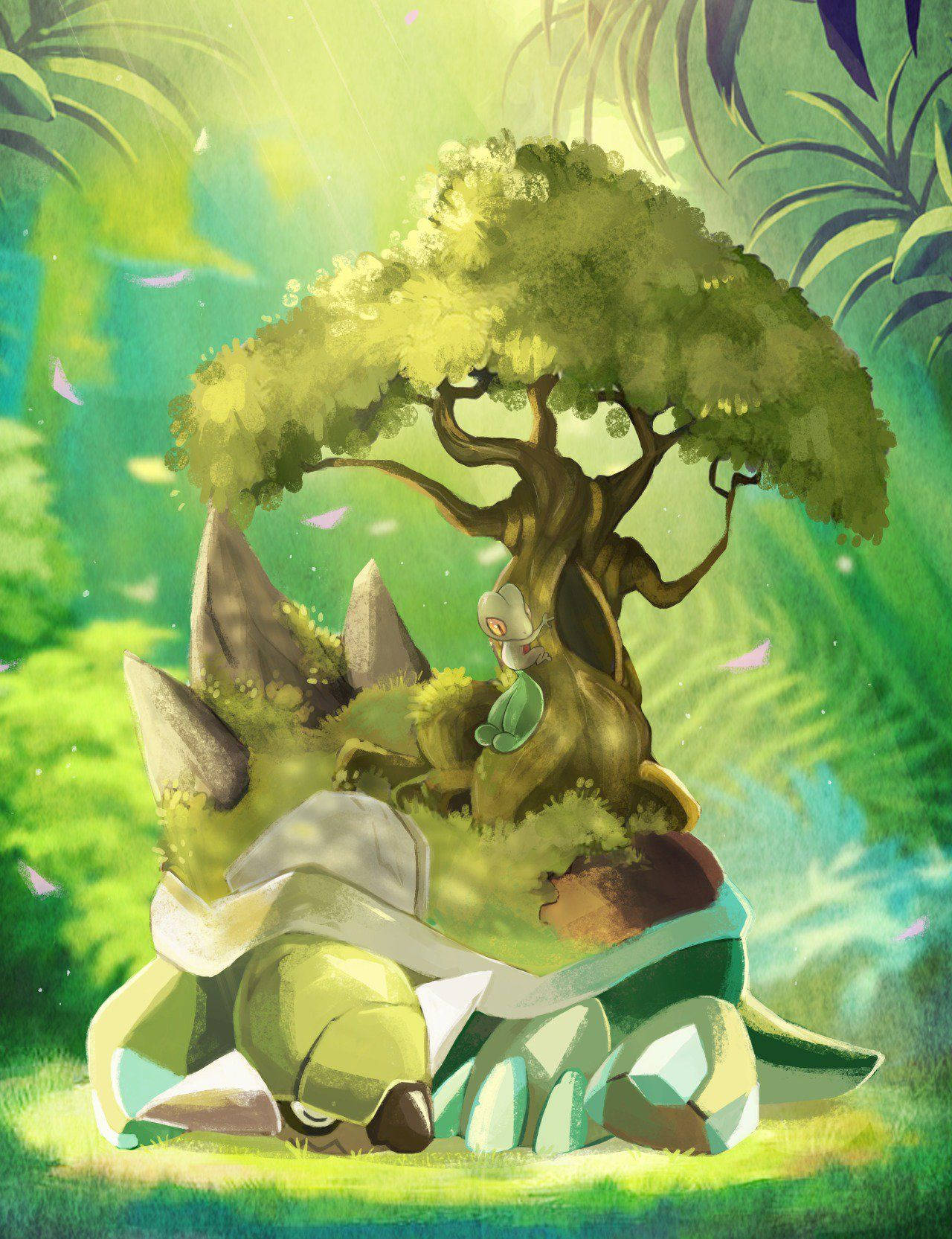 Torterra, grass, lush green tree, HD Phone Wallpaper