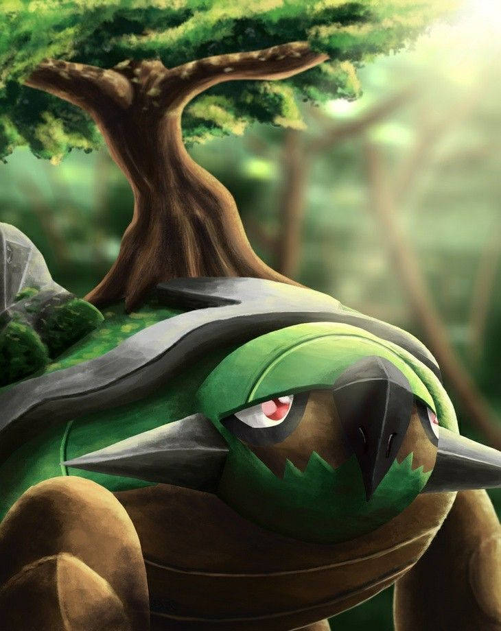 Torterra, sunlit forest, tree growing from its back, SD Phone Wallpaper