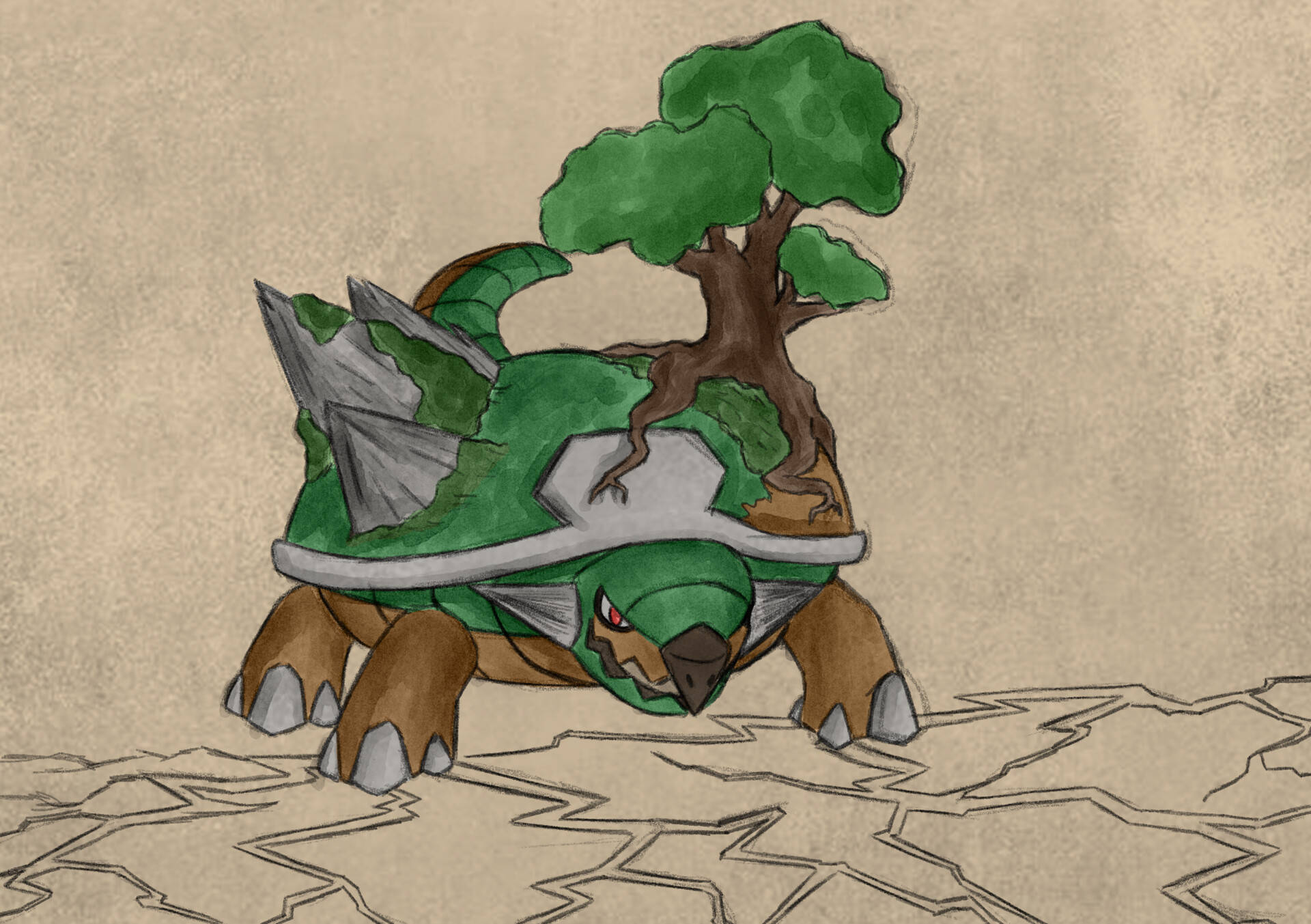 Torterra, cracked earth, tree growing on its back, Full HD Desktop Wallpaper