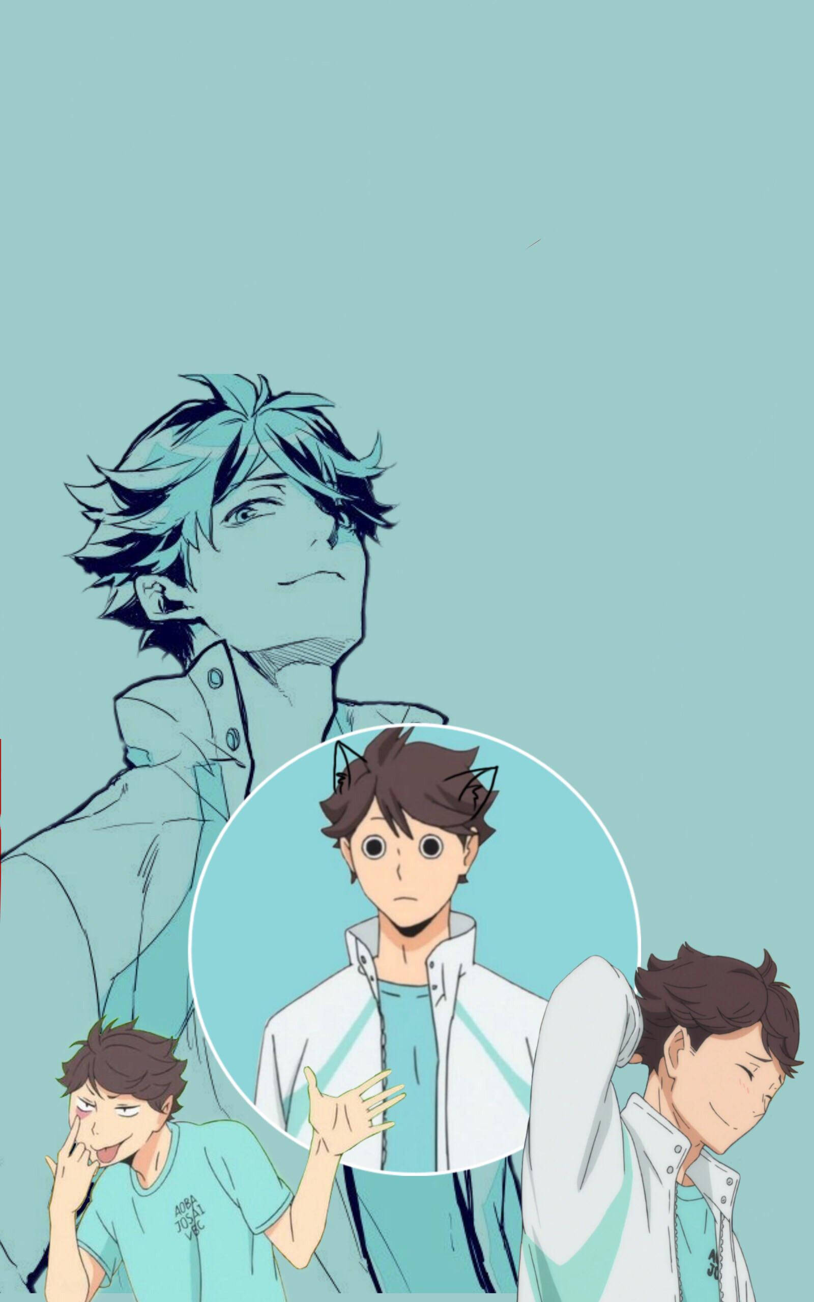 Toru Oikawa, teal and white uniforms, solid teal background, 2K Phone Wallpaper