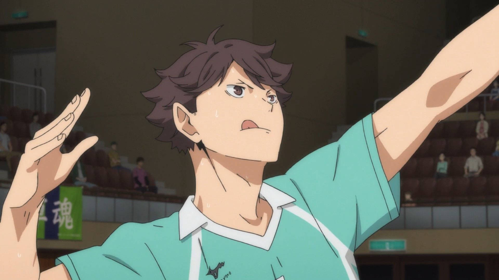 Toru Oikawa, teal jersey, crowded gymnasium, Full HD Desktop Wallpaper