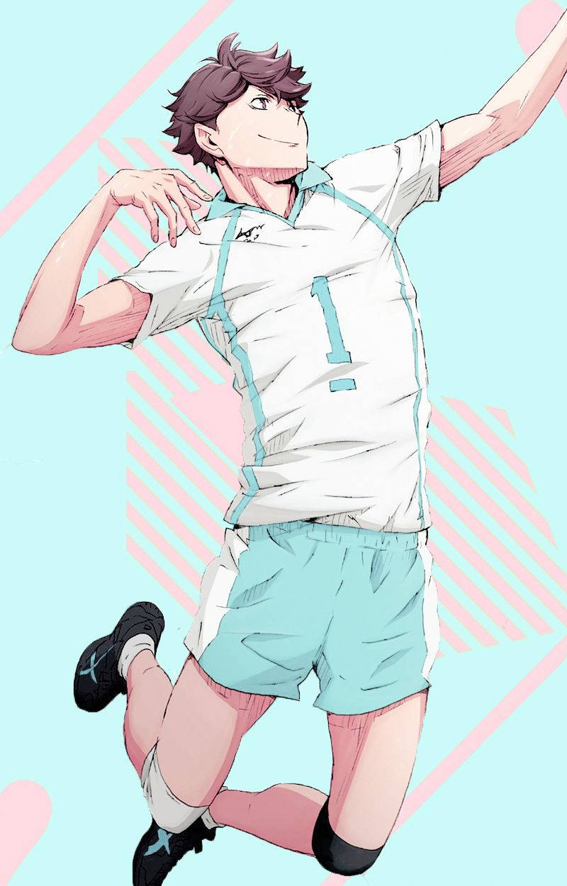 Toru Oikawa, white jersey number one, pastel pink and blue background, SD Phone Wallpaper