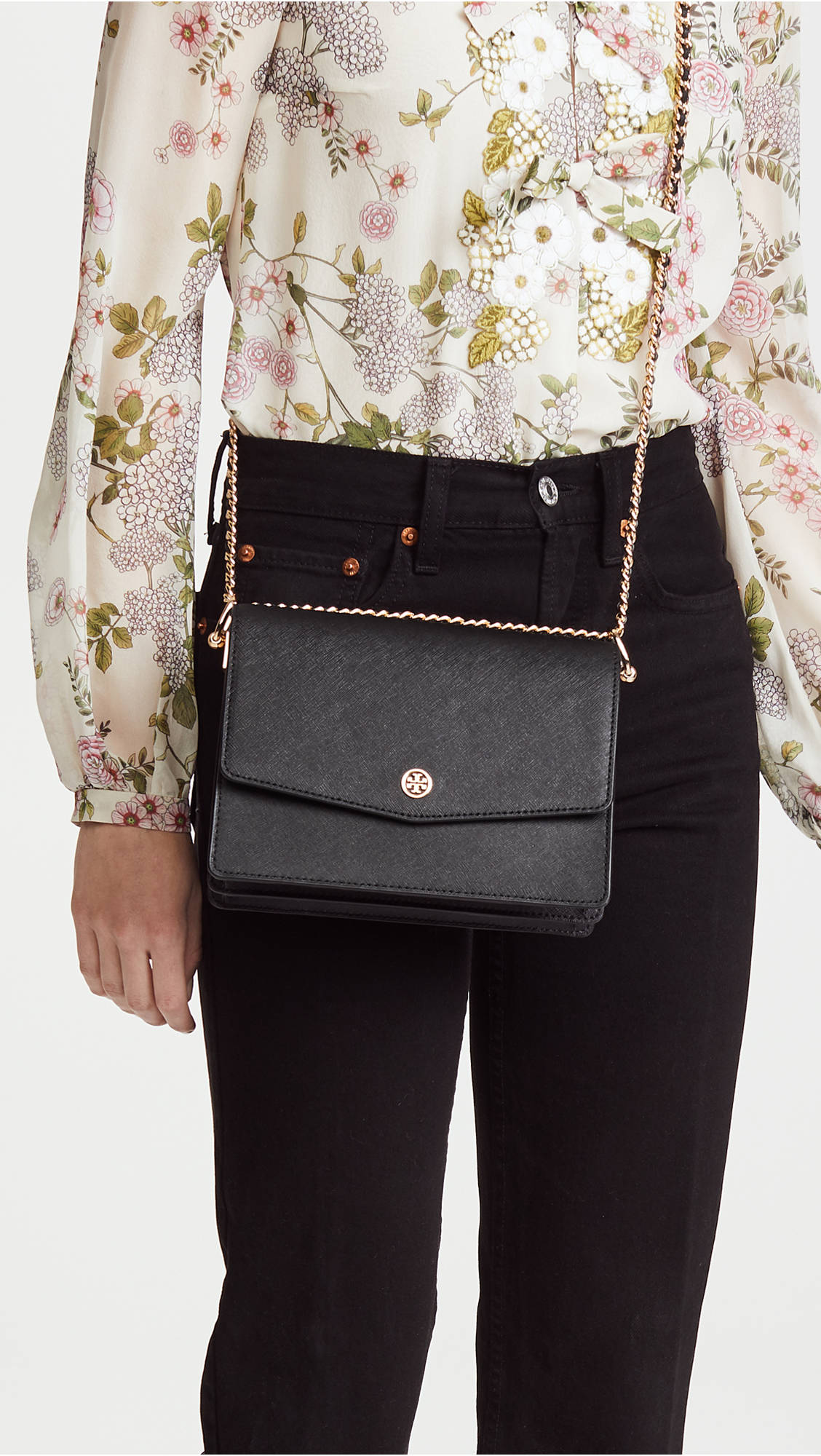 Tory Burch, black shoulder bag, gold chain strap, Full HD Phone Wallpaper