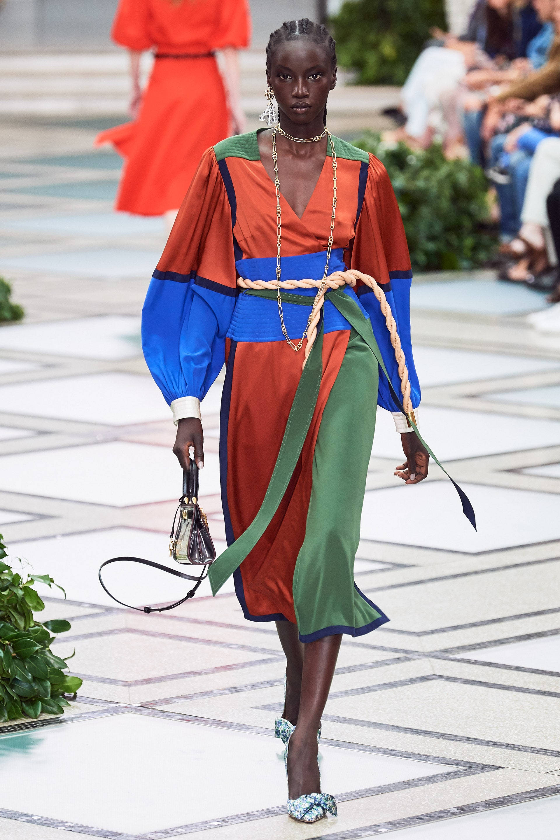 Tory Burch, color-blocked dress, orange blue and green, 2K Phone Wallpaper