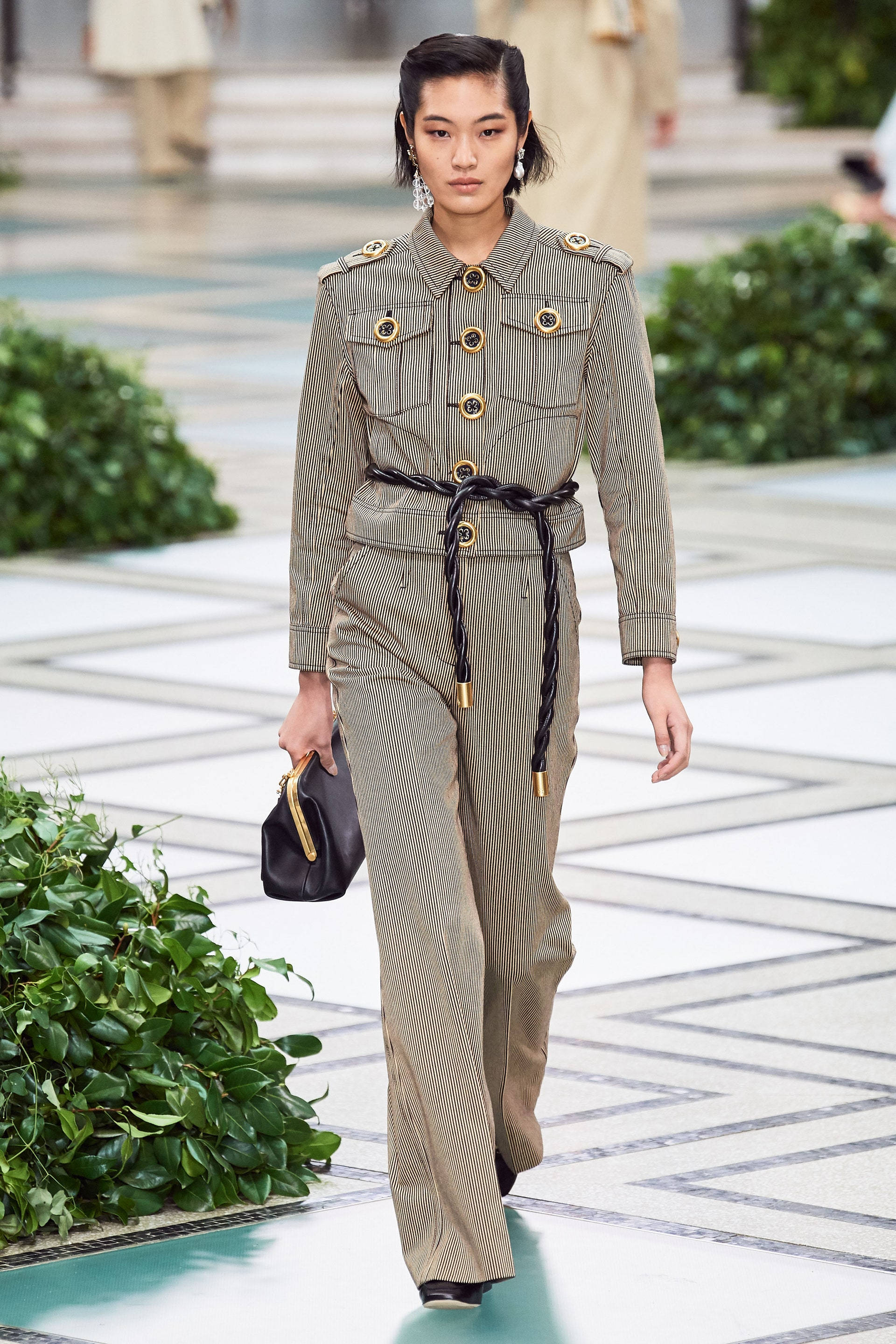 Tory Burch, pinstriped military-style jumpsuit, gold buttons, 2K Phone Wallpaper
