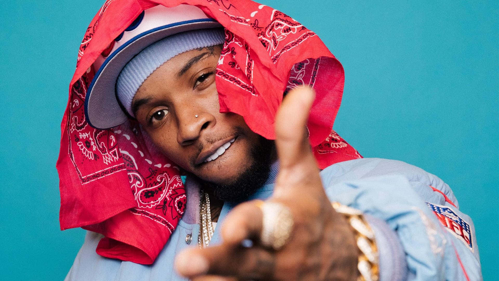 Tory Lanez, red bandana, light blue jacket, Full HD Desktop Wallpaper